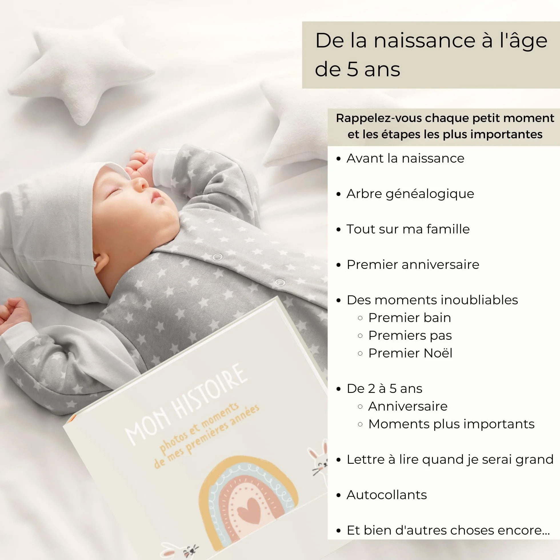 Livre de Naissance pour Coller des Photos et Écrire 50 Pages Autocollants Album Photo Bebe Première Année jusqu'à 5 Ans Beige Français