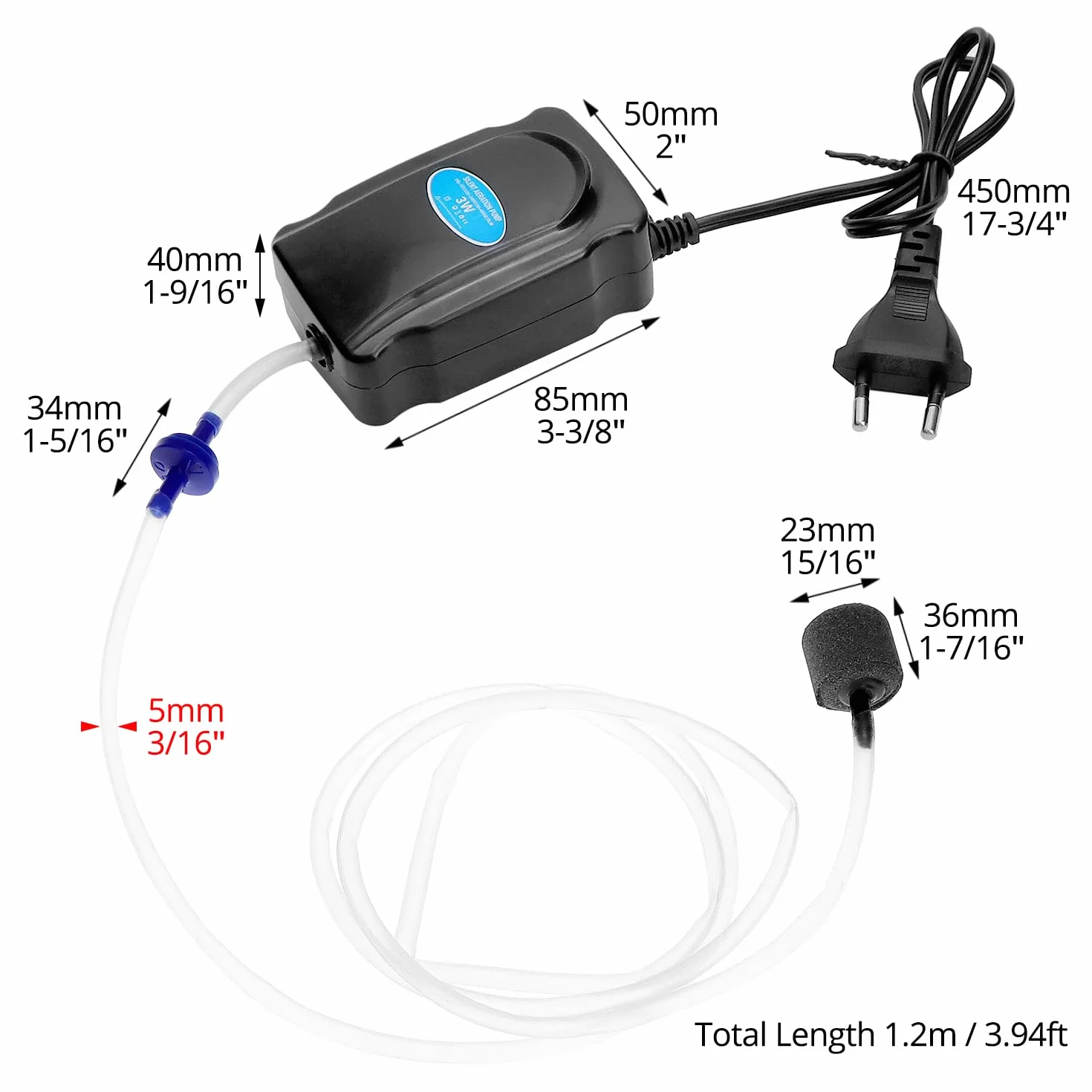QWORK Pompe à air d'aquarium 3 W 2 L/Min avec tuyau silicone 120 cm