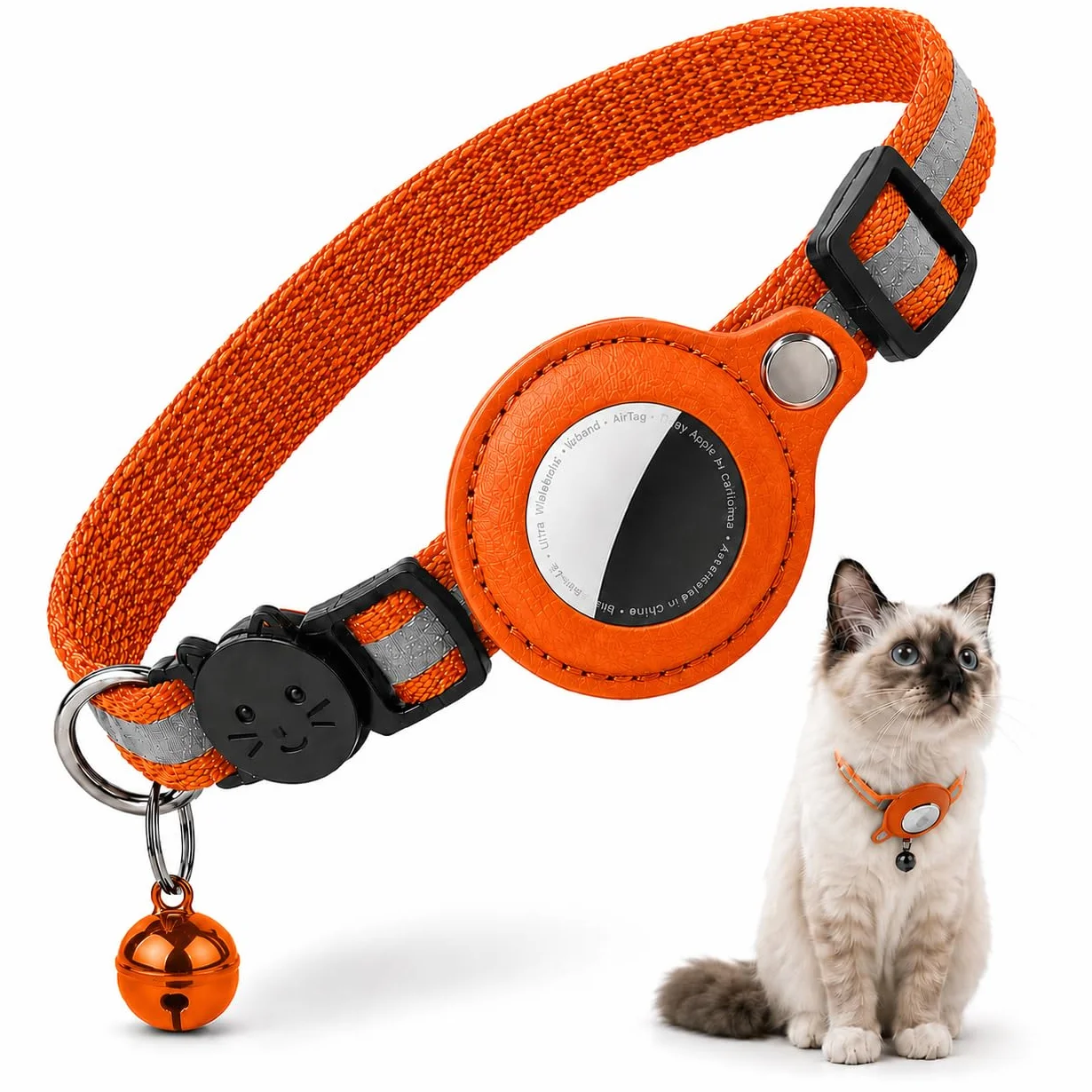 Collier pour Chat Compatible AirTag Orange – Sécurité Anti-Étranglement Réglable Léger