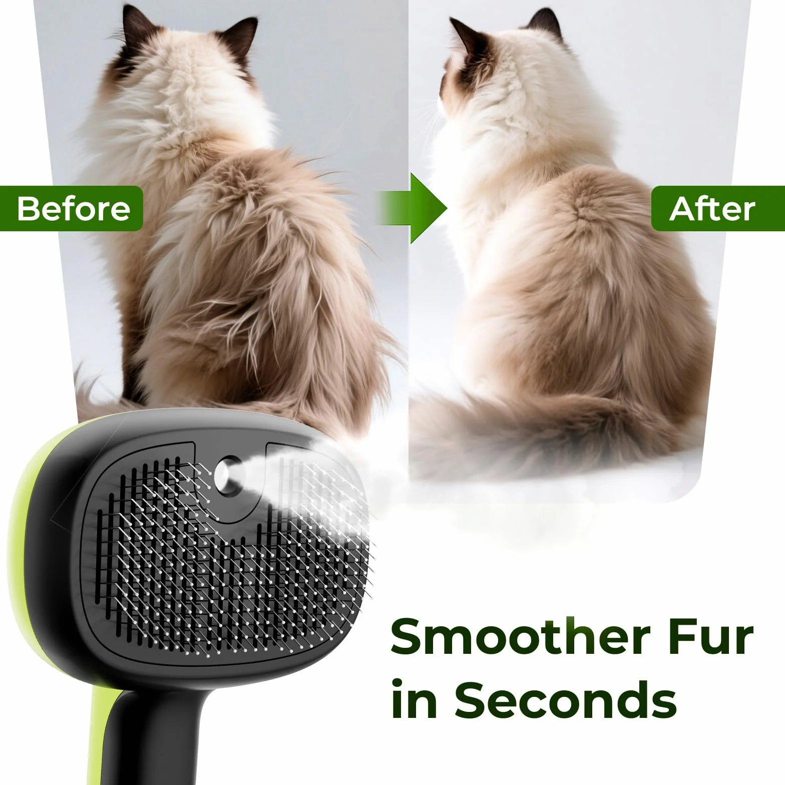 Pecute Brosse Autonettoyante Chat Chien Vapeur 2 Modes Pulvérisation Antistatique Vert
