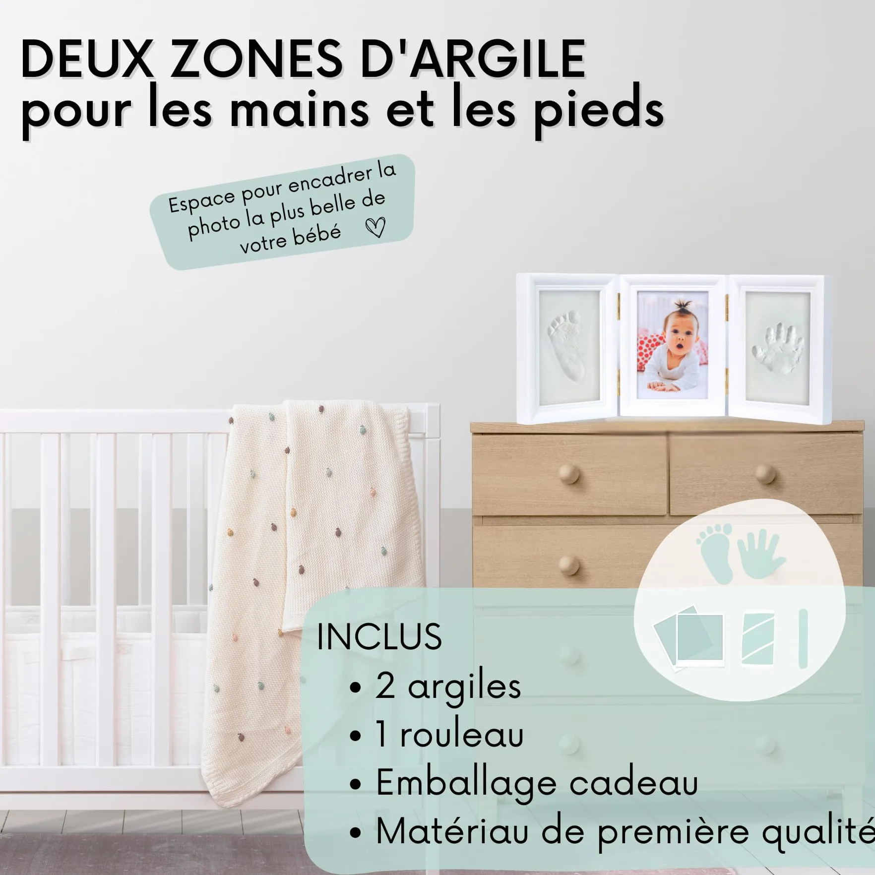 HuBorns Cadre Empreinte Main Pied Bebe Kit Argile Anti-fissuration Cadeau Naissance