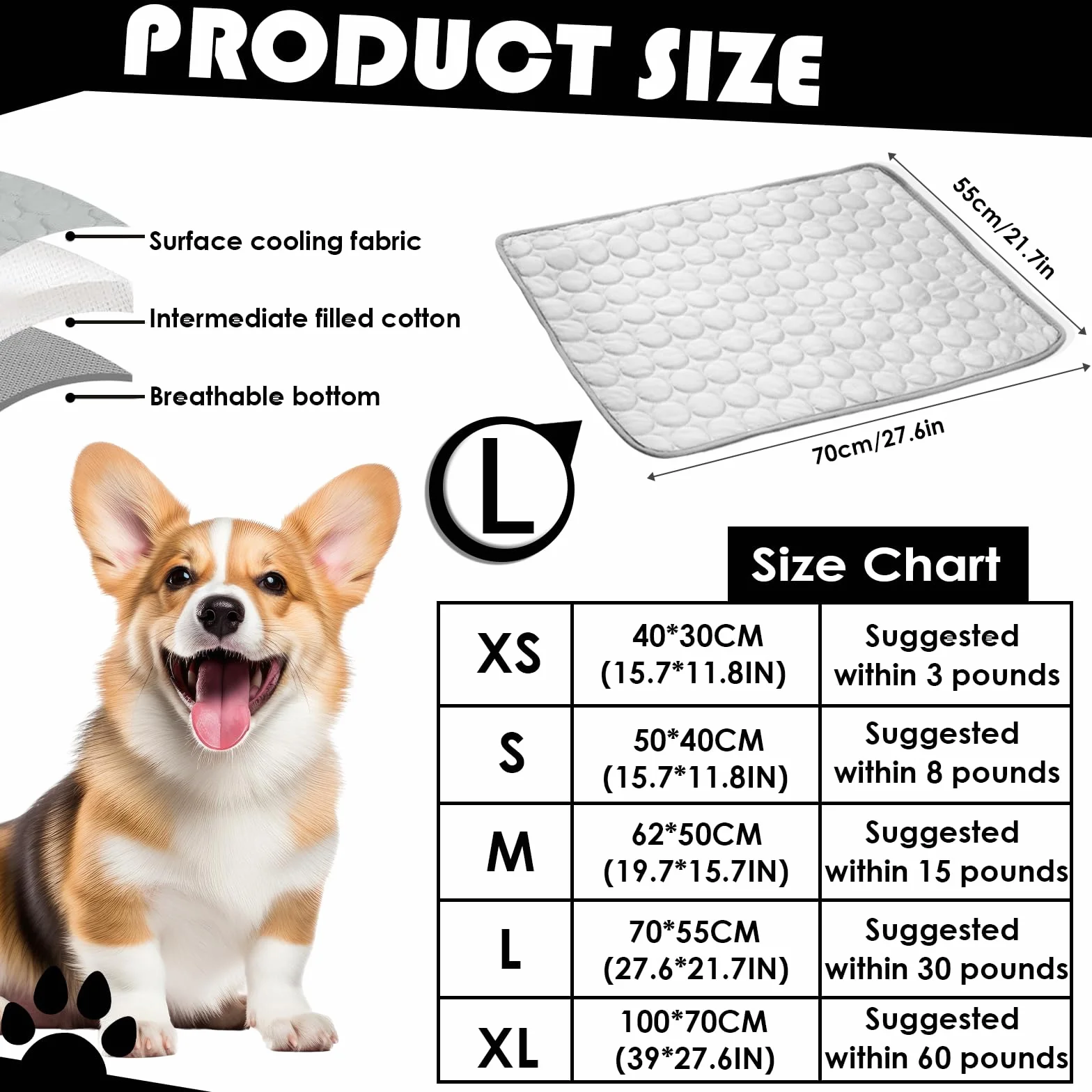 Tapis Refroidissant pour Chien 27,5 x 21,6 Pouces Couverture Rafraichissant Réfrigérante Gris