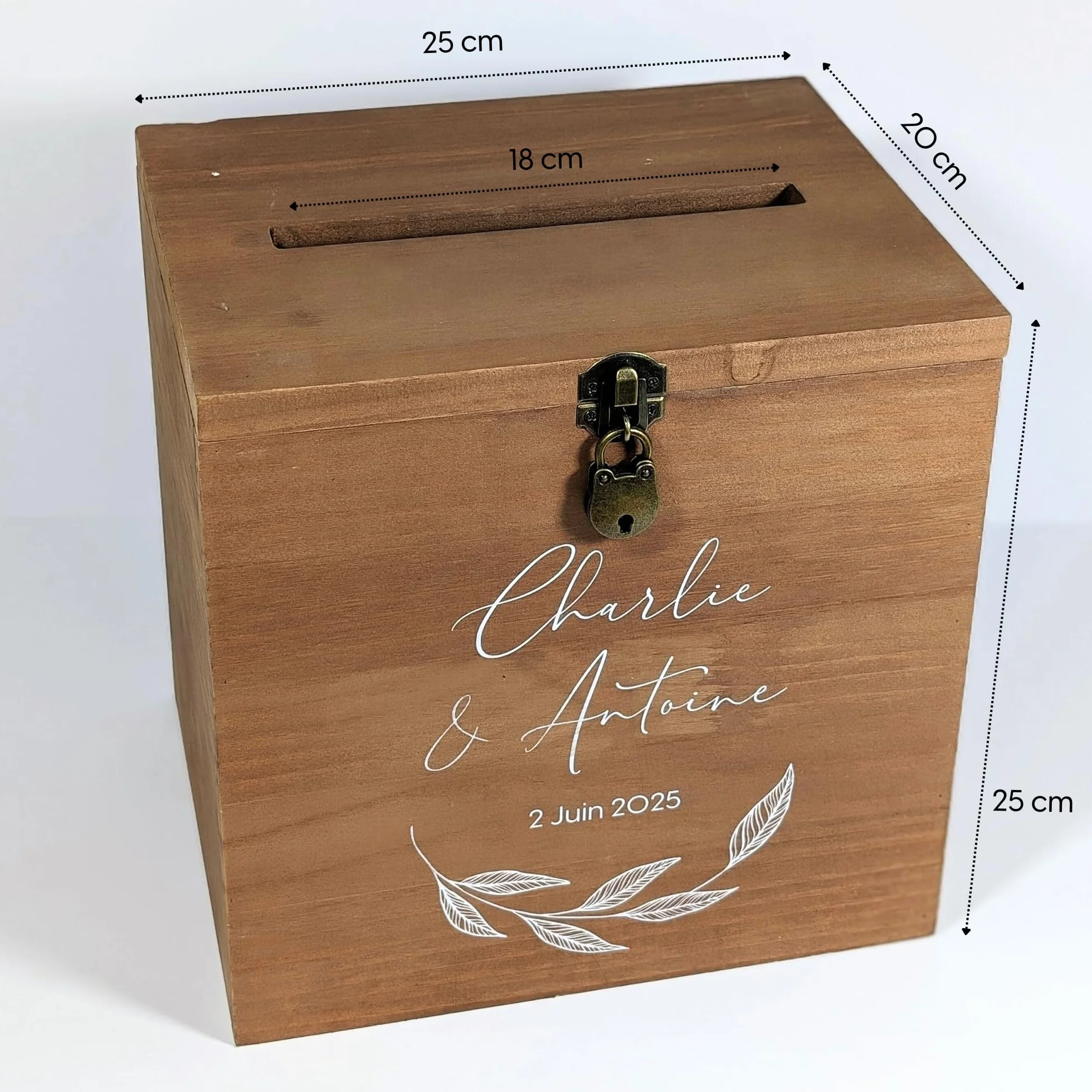 Urne Mariage en Bois avec Cadenas 25x25x20 cm Fabriquée en France