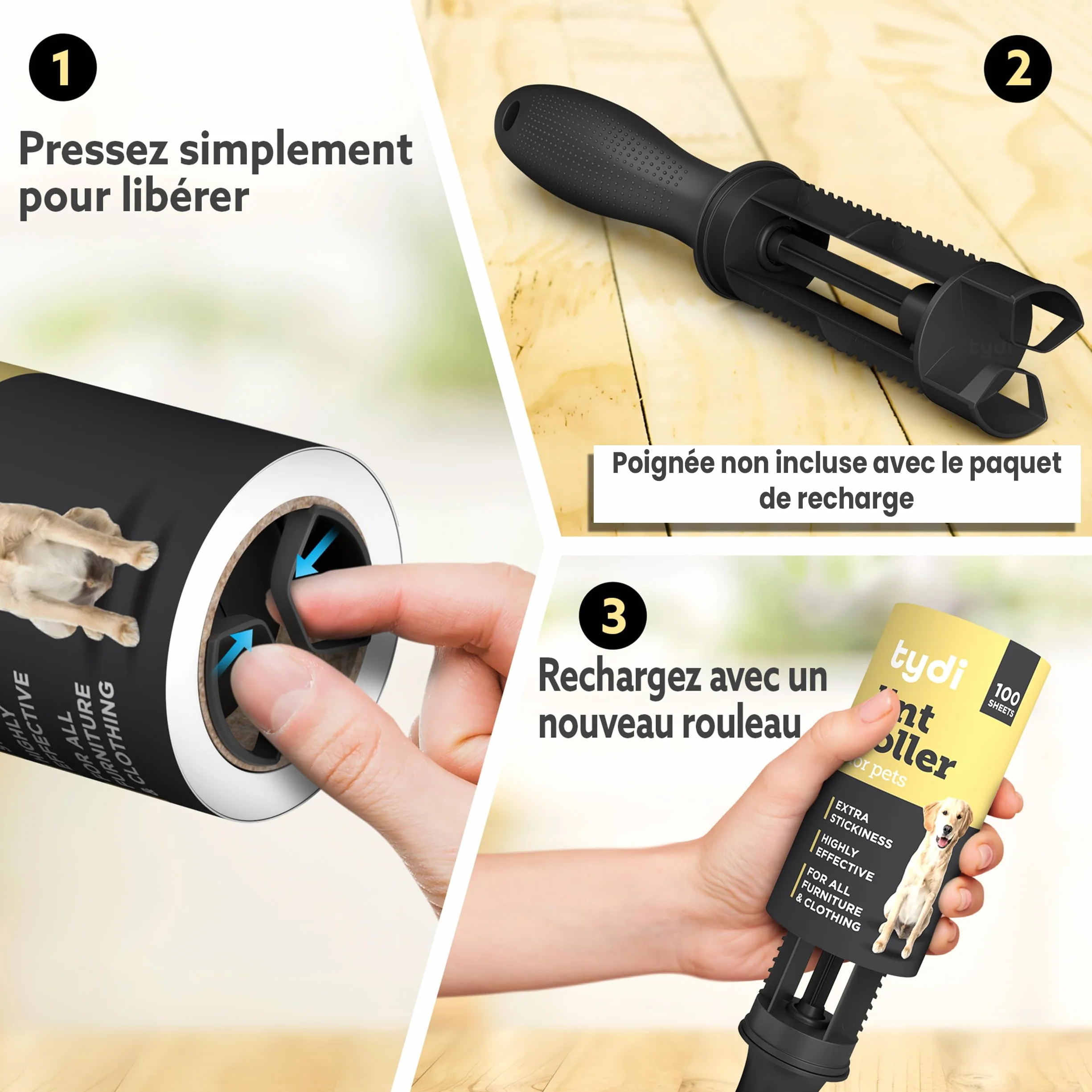 Tydi Rouleau Anti-Poils d'animaux réutilisable 600 Feuilles Brosse adhésive Recharge vêtements canapés Anti-Peluches
