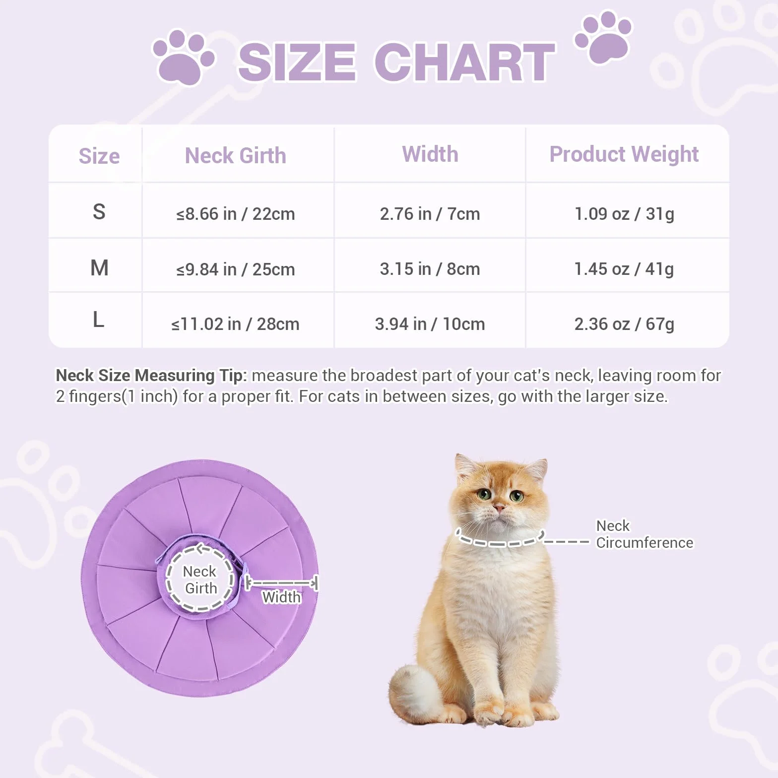 Avont Collerette pour Chat Anti-Léchage, Collier Lune Anti-Grattage, Collier Boudin de Récupération Ajustable Violet S