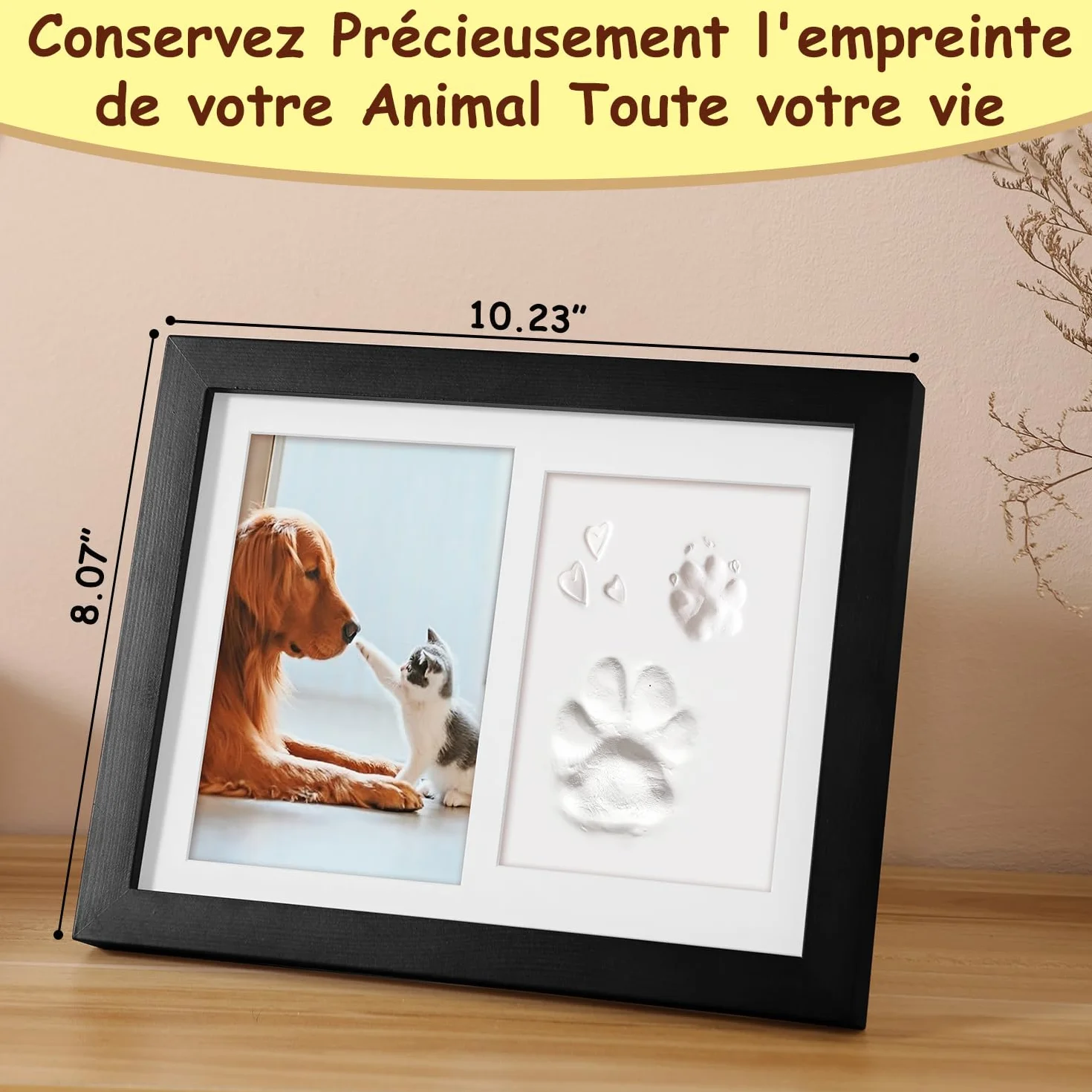 Cadre Photo Empreinte Chien Chat avec Kit d'Impression Argile, Souvenir 6x4 - Noir
