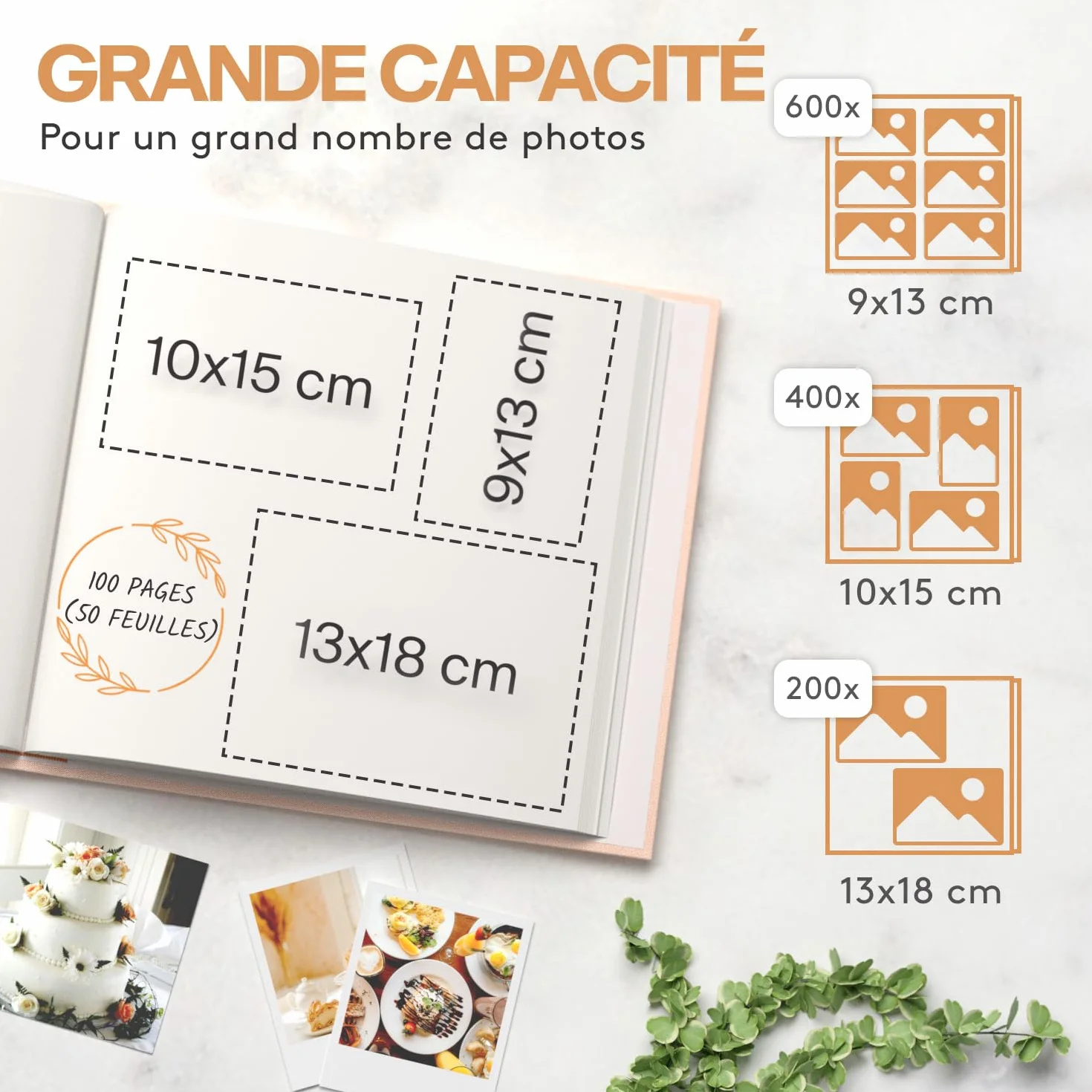 ACROPAQ Album photo scrapbooking 100 pages 600 photos 9x13 cm 10x15 cm 13x18 cm Livre photo Housse en lin Beige