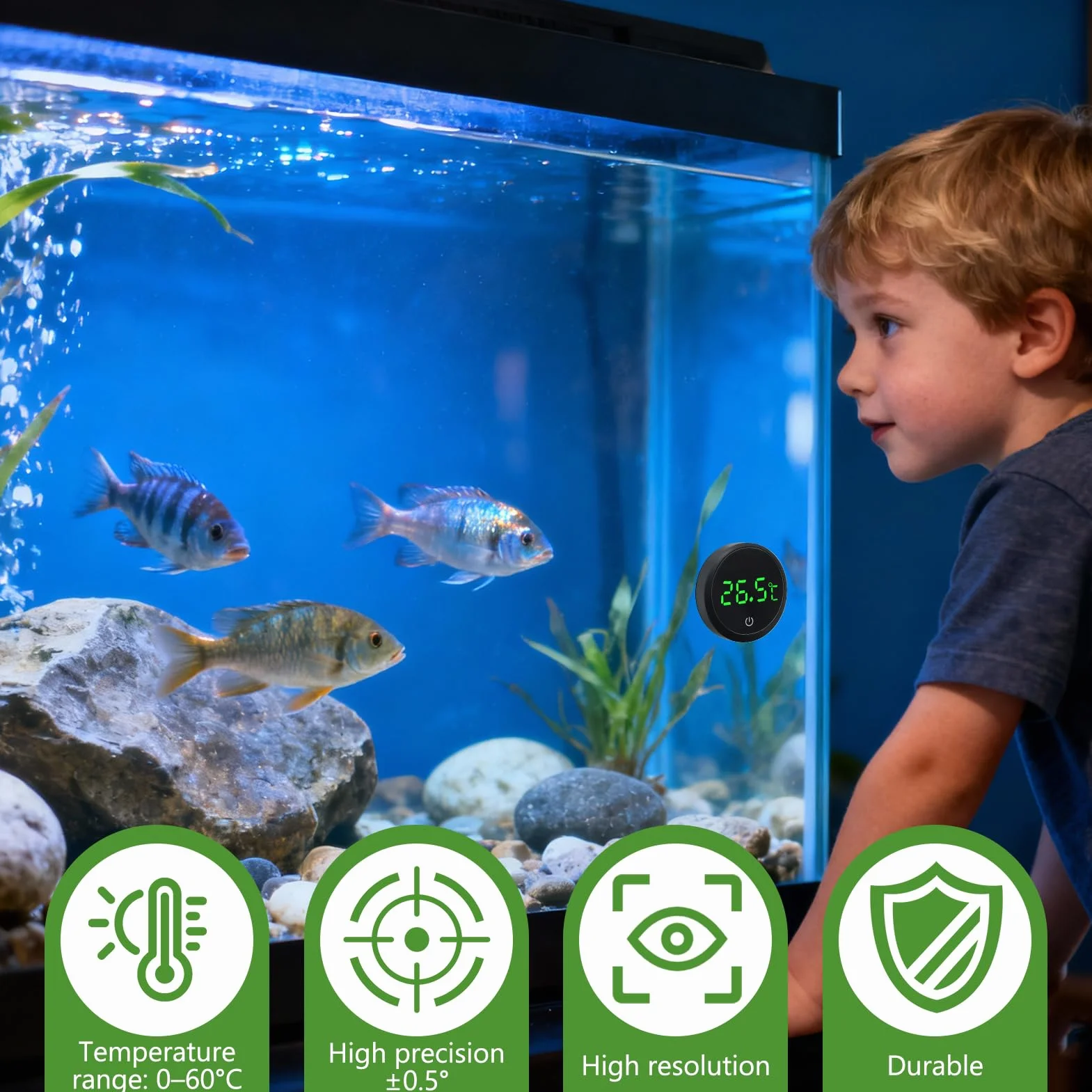 Thermomètre d'Aquarium Numérique avec Ecran Tactile, Affichage LED, sans Fil pour Eau Douce