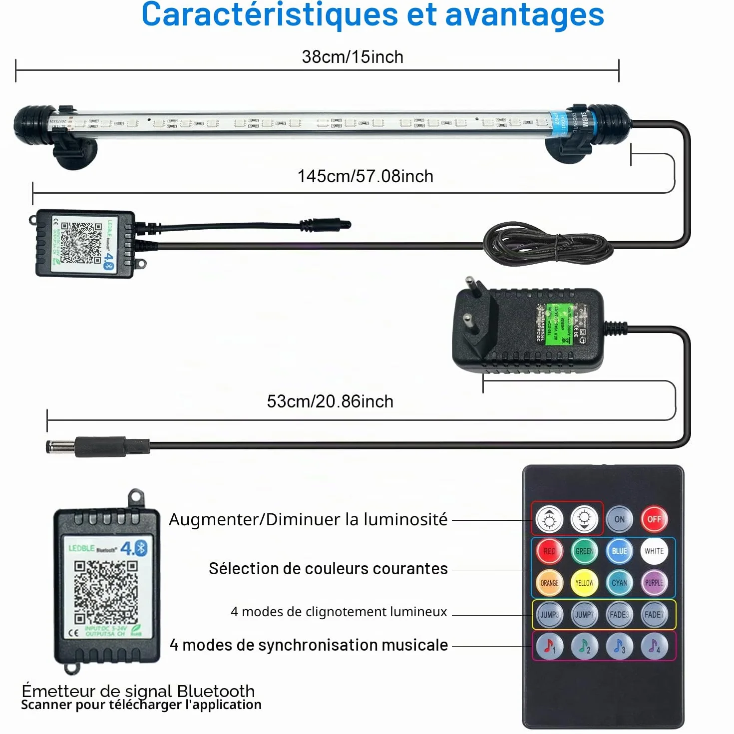 VARMHUS LED Aquarium Lumière Submersible 38cm avec télécommande et contrôle APP Spectrum RGB