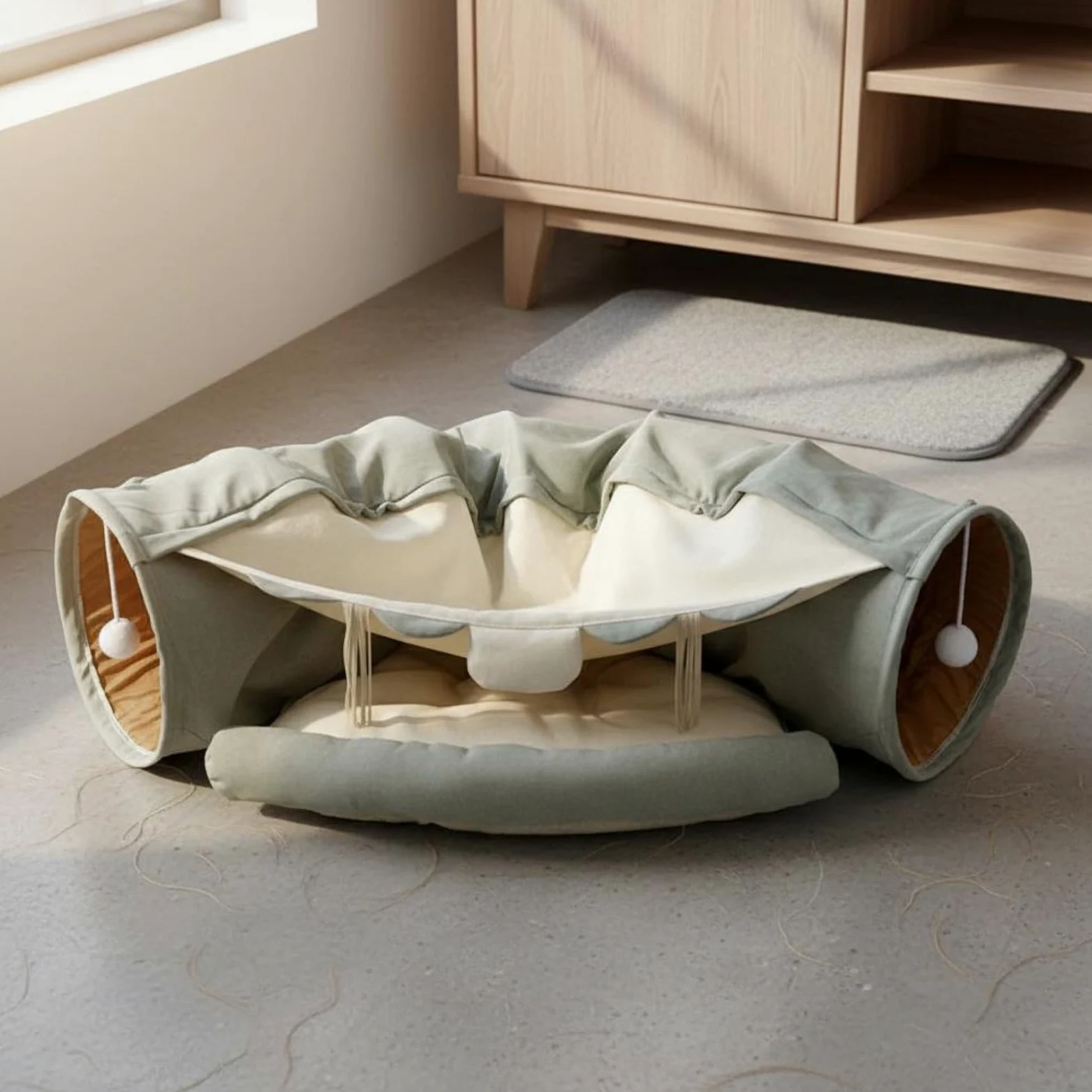 Tunnel pour en 1 Couchage et Jouet avec Dossier Moelleux Passage Superposé Bruissement Stimulant Franges Suspendues Polyester Adapté aux Félins