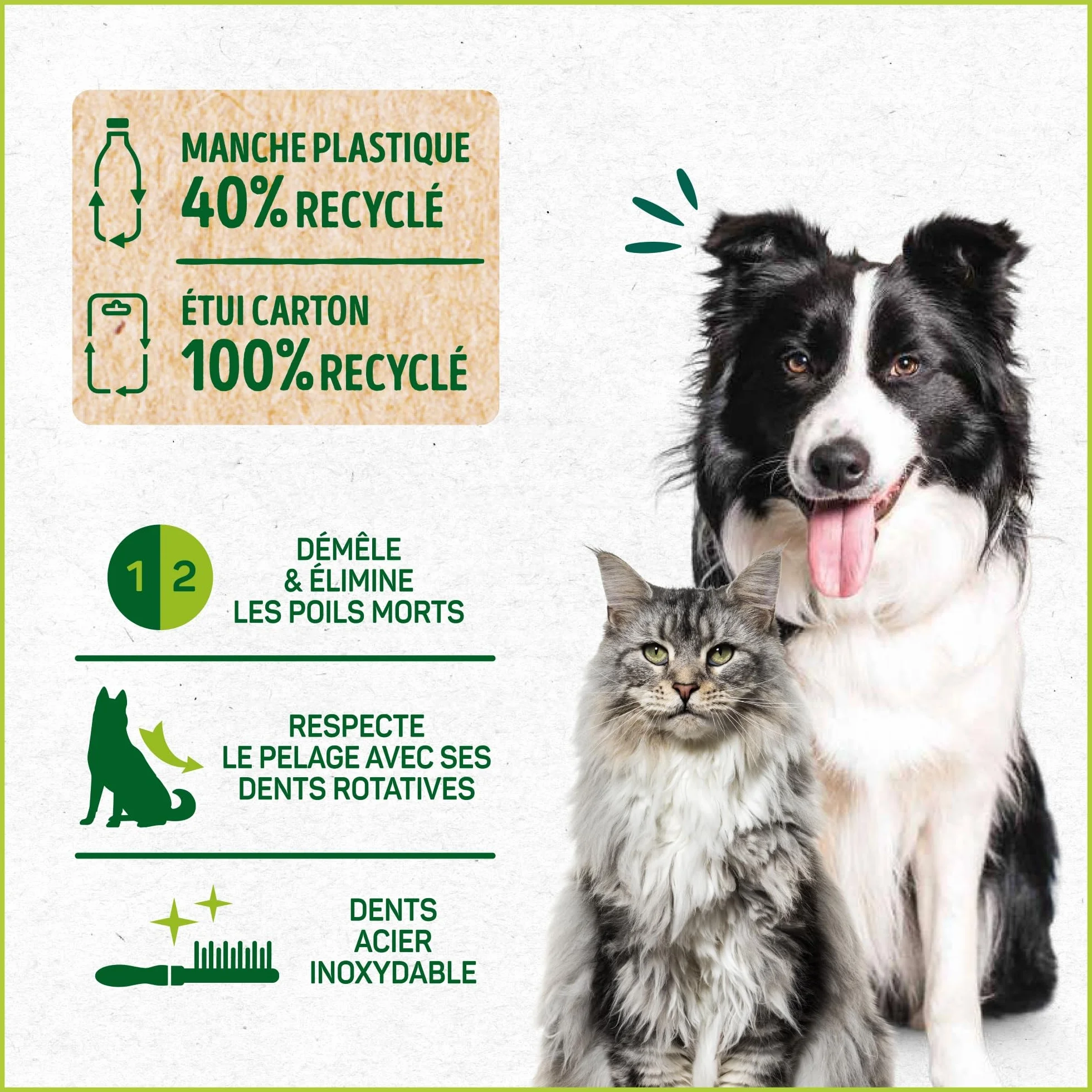 HOPI Peigne Double Rang Démêlant Chien Chat - Dents Rotatives Acier Inoxydable - Toilettage Poils Longs Mi-Longs