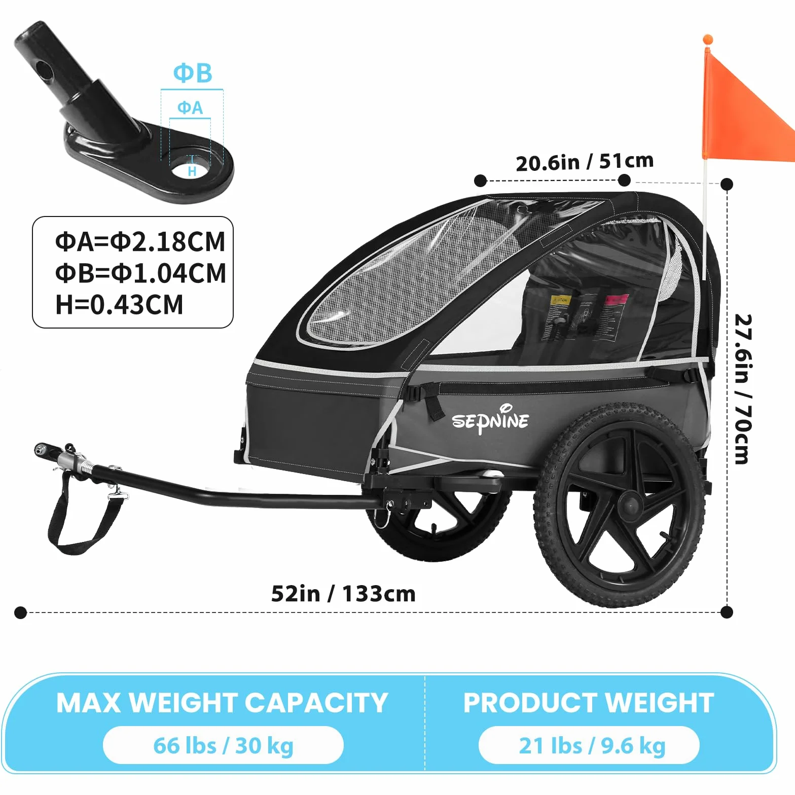 Remorque de vélo pliable pour 1 à 2 enfants à partir de 12 mois, fixation rapide, harnais 5 points