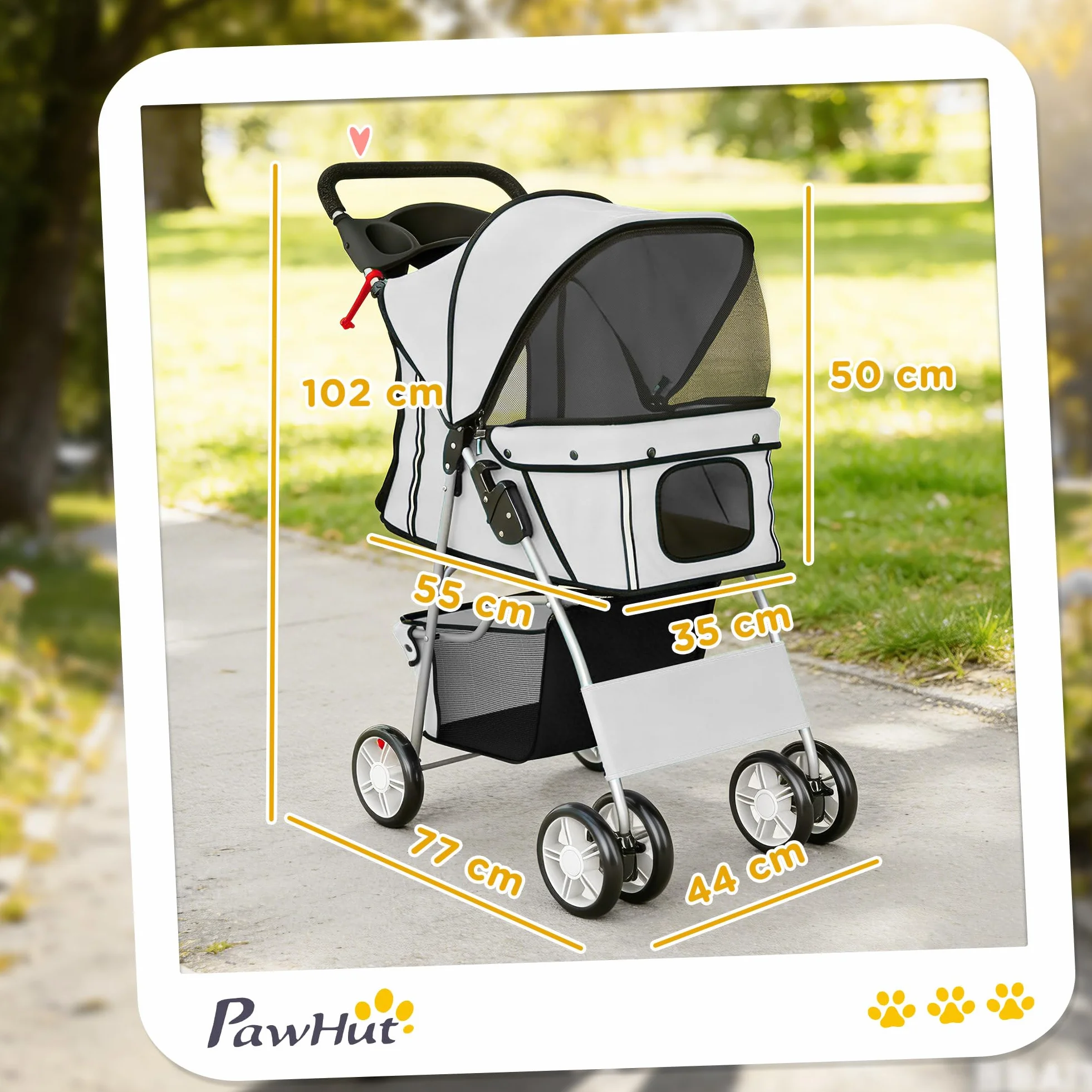 PawHut Poussette buggy pliable animaux chariot pliante imperméable chien chat toit amovible incluse porte-gobelet panier de rangement roues avec frein tissu 600D Oxford acier gris