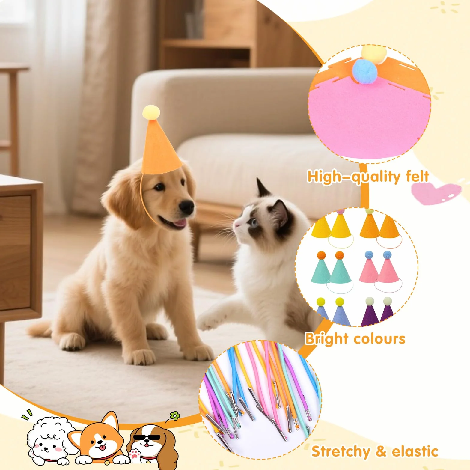 Lot de 12 mini chapeaux de fête pour animaux en peluche - Chapeaux d'anniversaire pour chats, chiens, lapins et divers accessoires pour animaux - Décoration de festival
