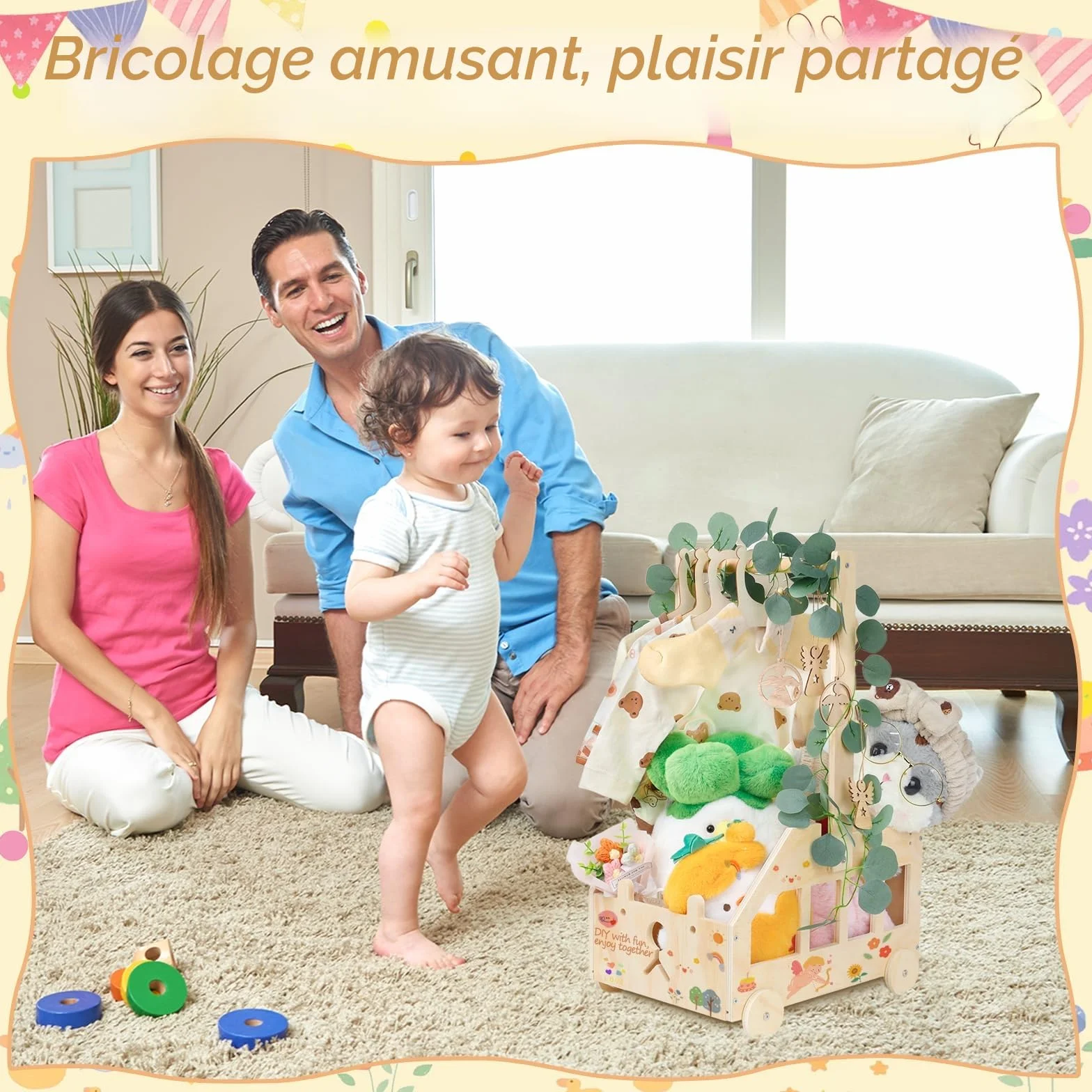Coffret Cadeau en Bois avec Poignée et Roulettes pour Baby Shower