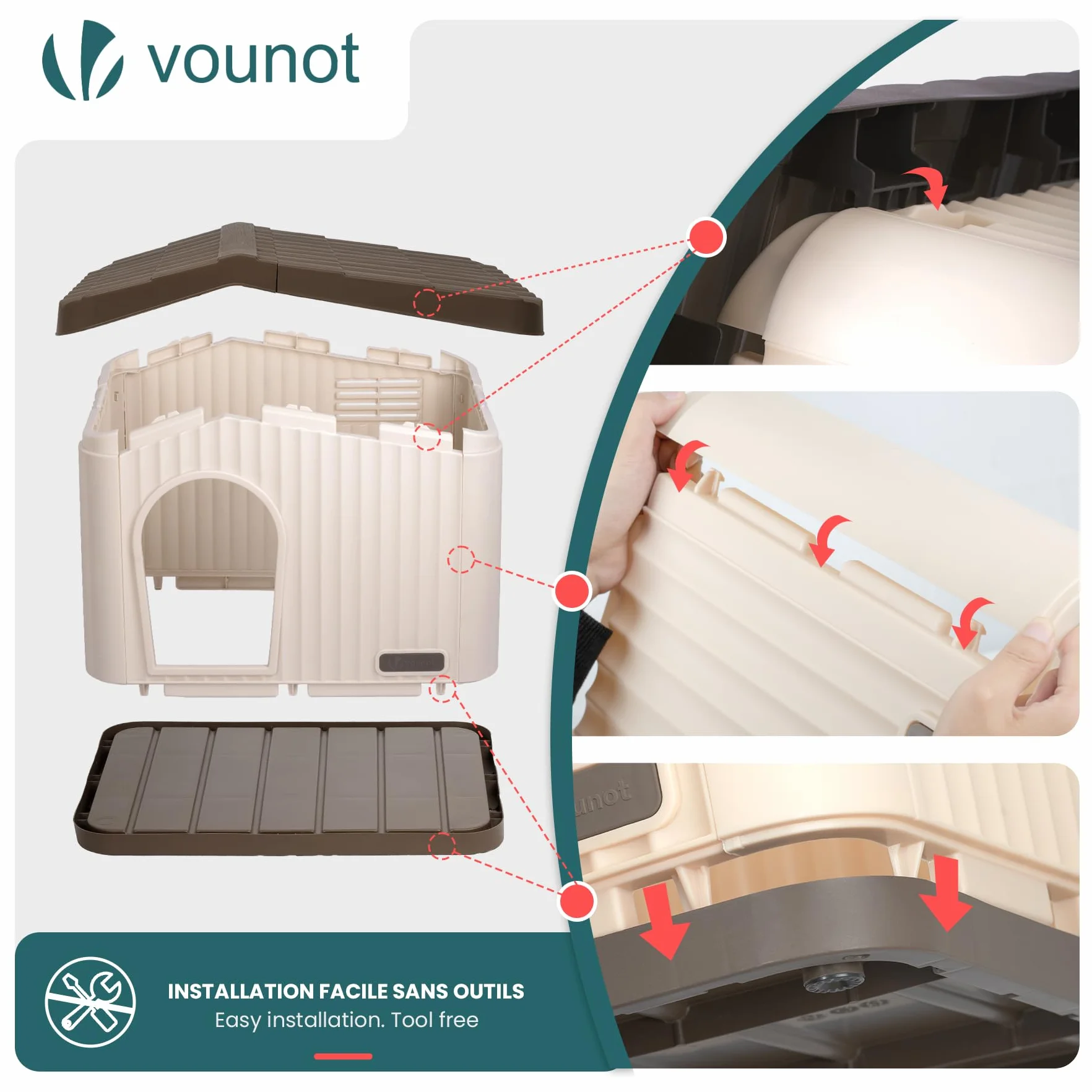 VOUNOT® Maison pour Chat Imperméable 60x51x41cm Niche Extérieur Intérieur avec Toit Incliné Aération Pieds Antidérapants Beige