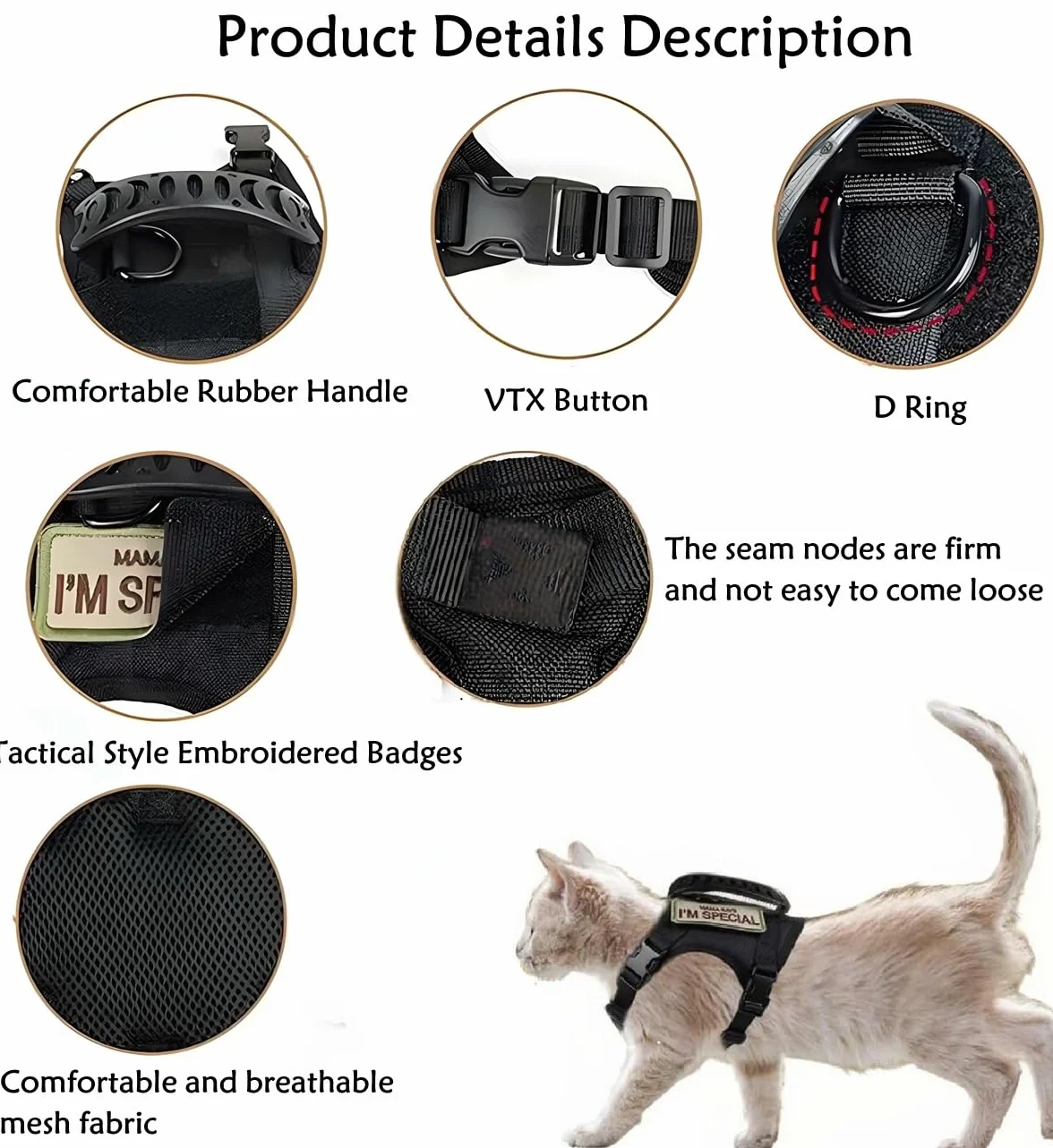 Harnais Tactique pour Chat réglable avec emblèmes brodés, Respirant Anti-échapper Corde de Traction réfléchissante Kaki