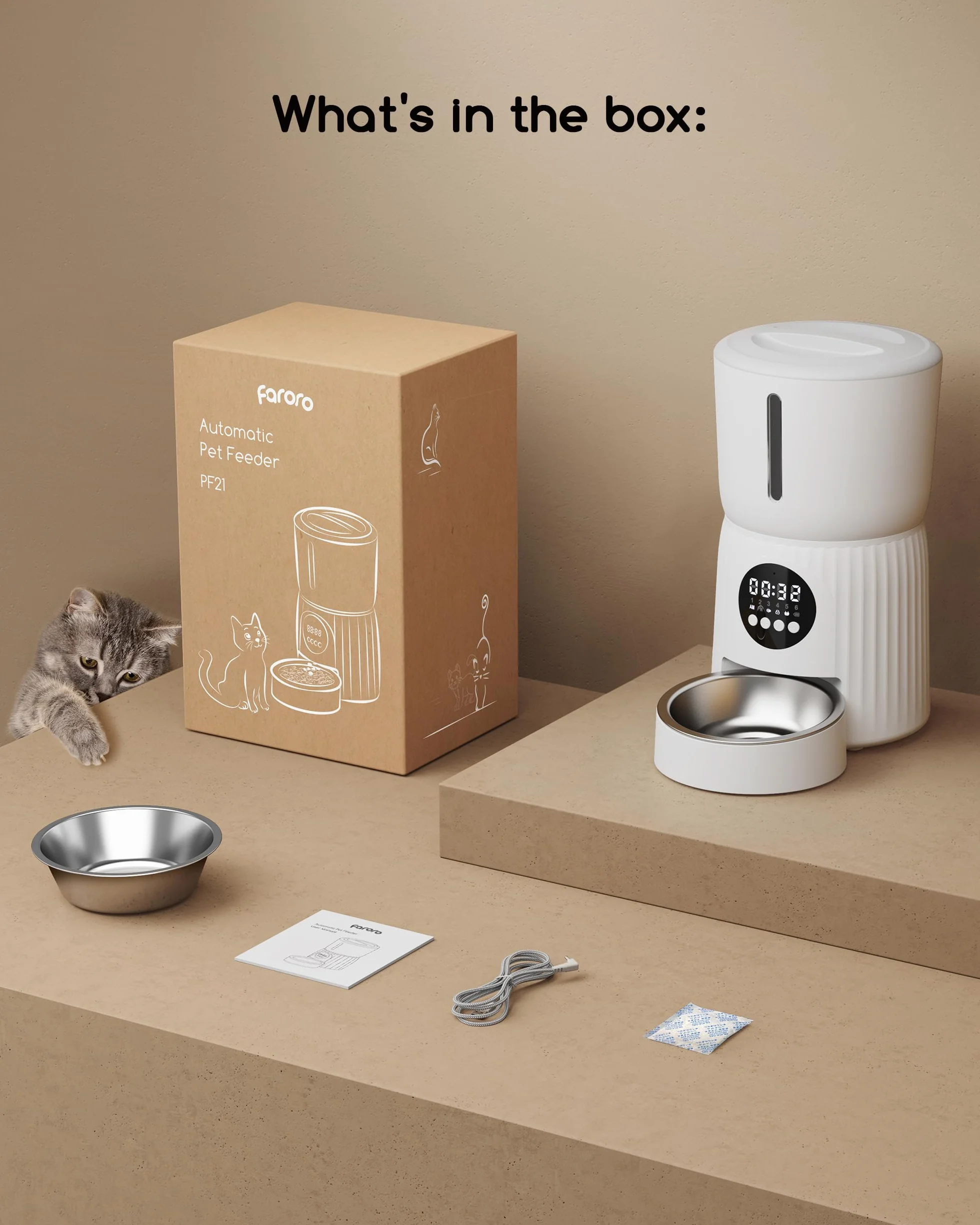 Faroro Distributeur Croquettes Chat Automatique 4L Contrôle Portions Enregistrement Vocal 10s Alimentation Lente Blanc