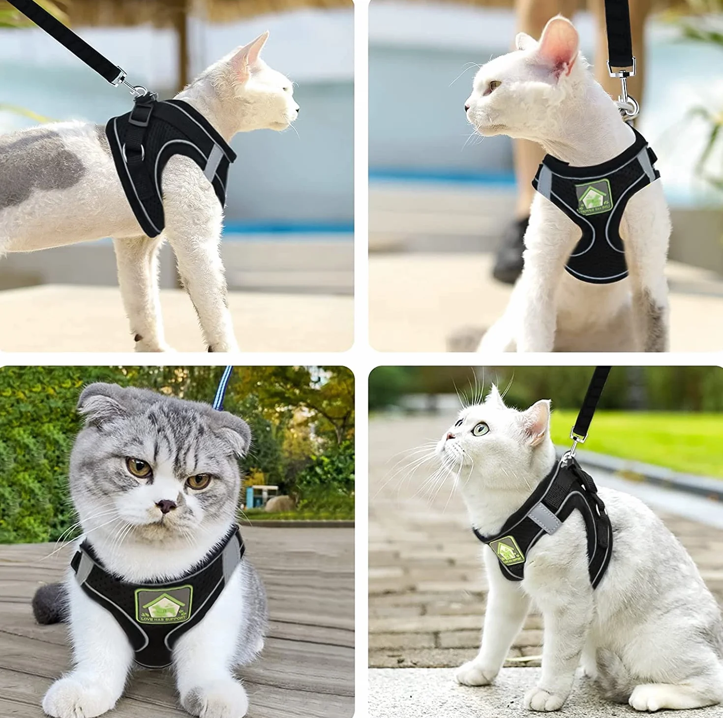 Harnais Chat Anti évasion Réfléchissant Respirant Réglable avec Collier et Laisse en Maille pour Animaux de Compagnie Noir