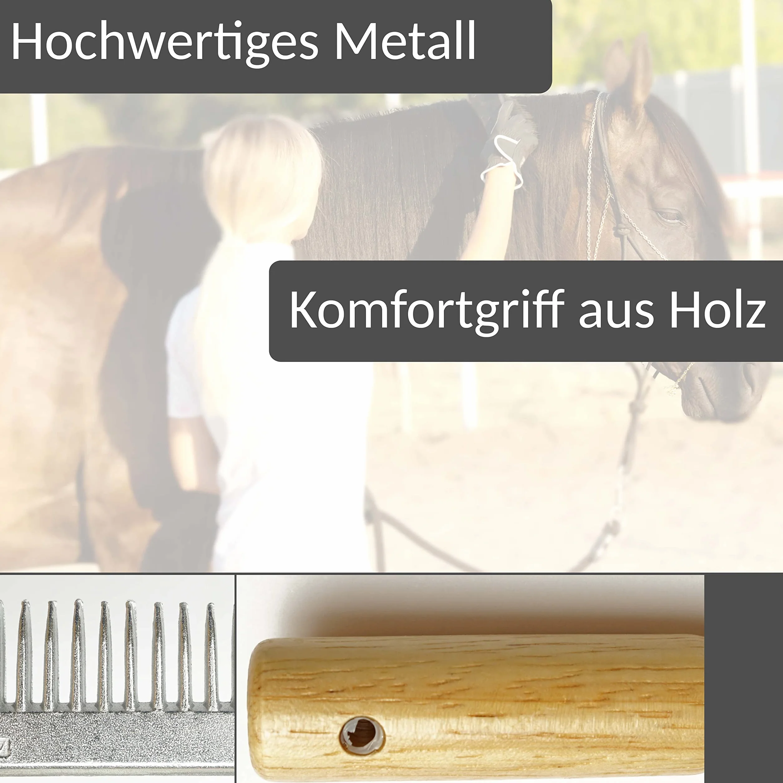 Peigne à crinière pour cheval en métal avec manche en bois