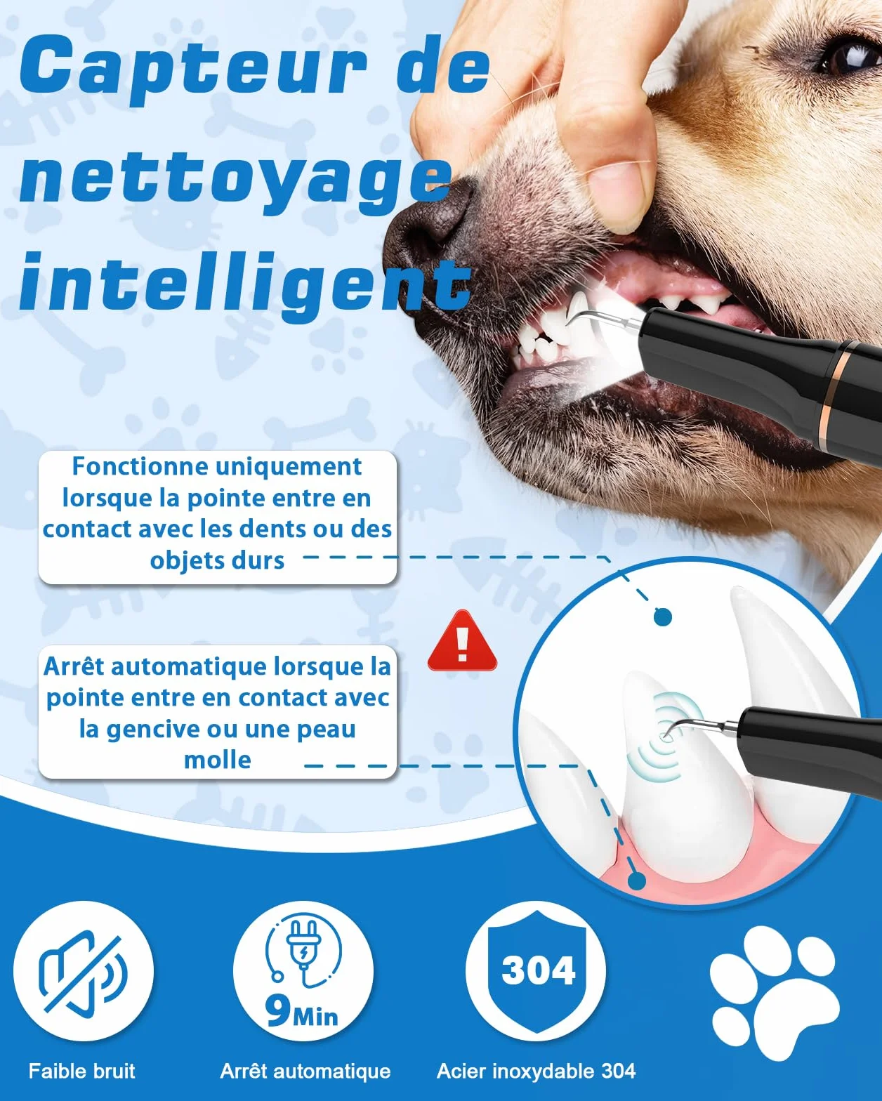 Kit de Nettoyage Tartre Dentaire à Ultrasons pour Chien et Chat, Brosses Detartreur à Ultrasonique Dents Détachant Nettoyeur, 5 Modes de Nettoyage de Nettoyage pour Animaux Pet de Compagnie (Noir)
