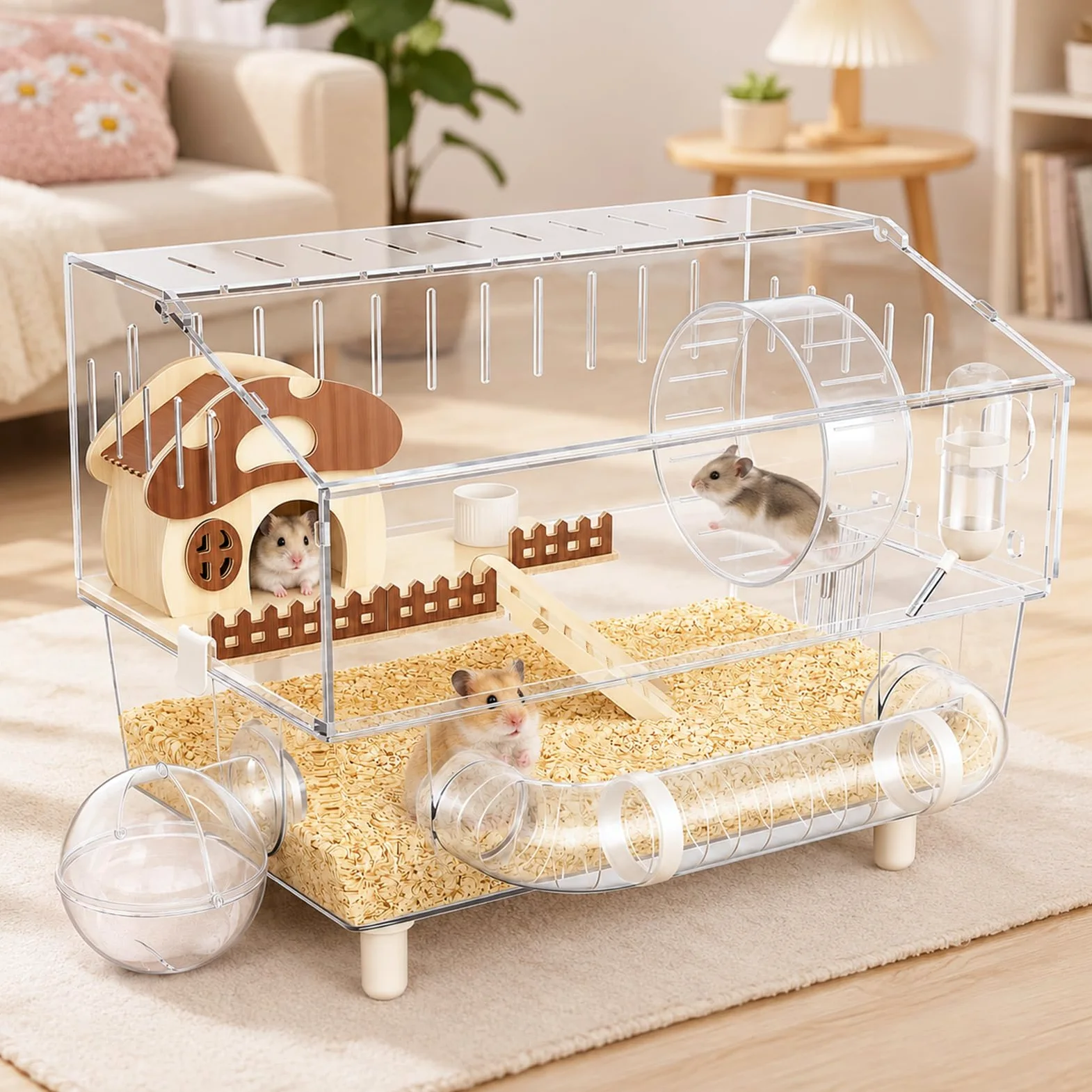 Grande cage à hamster en acrylique avec accessoires, habitat pour hamster à 2 couches avec roue d'exercice, tunnel et plate-forme, cage à souris transparente pour hamsters nains, gerbilles et petits