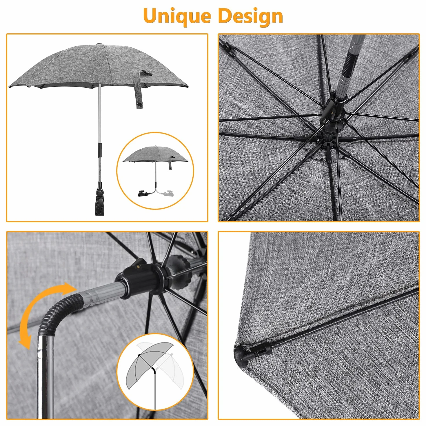Ombrelle Parasol Anti UV Poussette Universelle 71 cm Fixation Tube Rond Oval Flexible Orientable Clip Fauteuil Roulant Gris