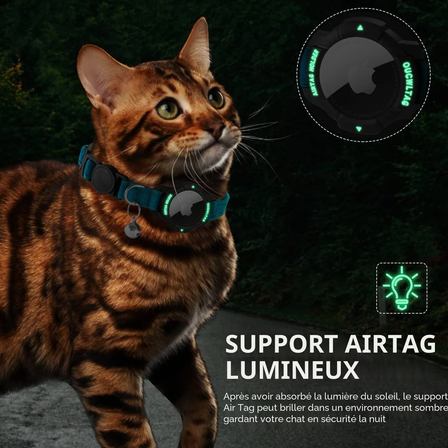 Collier Chat Airtag Luminescent Apple Support avec Boucle Sécurité Anti-étouffement Sangle Élastique Bleu 23-33cm