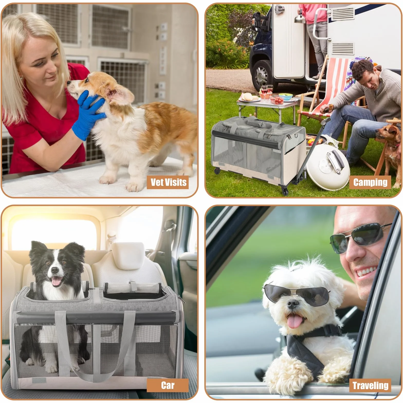 Sac de transport à roulettes double compartiment pliable pour 2 chats et chiens, respirant pour voyage randonnée
