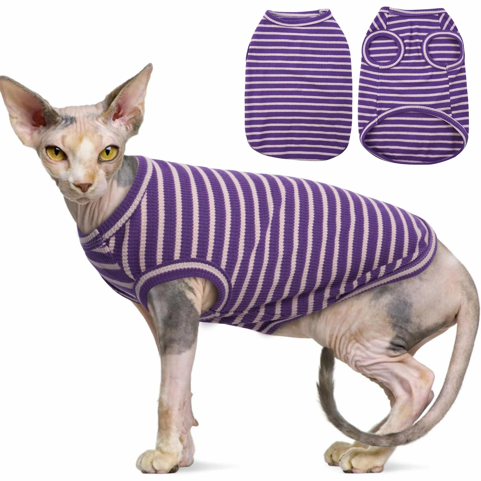 Sphynx Vêtements pour chat T-shirts respirants sans poils rayures sans manches pull-over été animaux de compagnie Cornish Rex