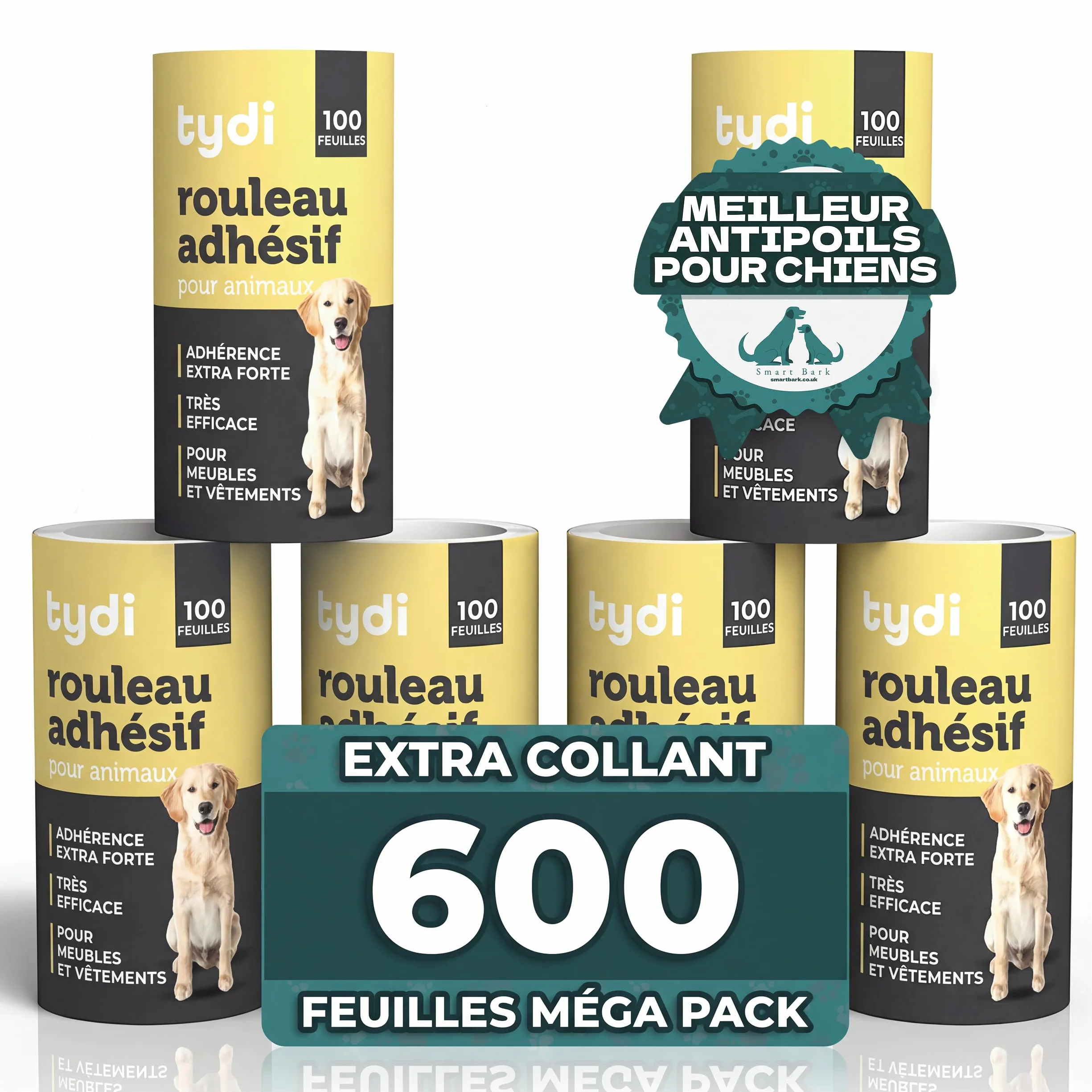Tydi Rouleau Anti-Poils d'animaux réutilisable 600 Feuilles Brosse adhésive Recharge vêtements canapés Anti-Peluches