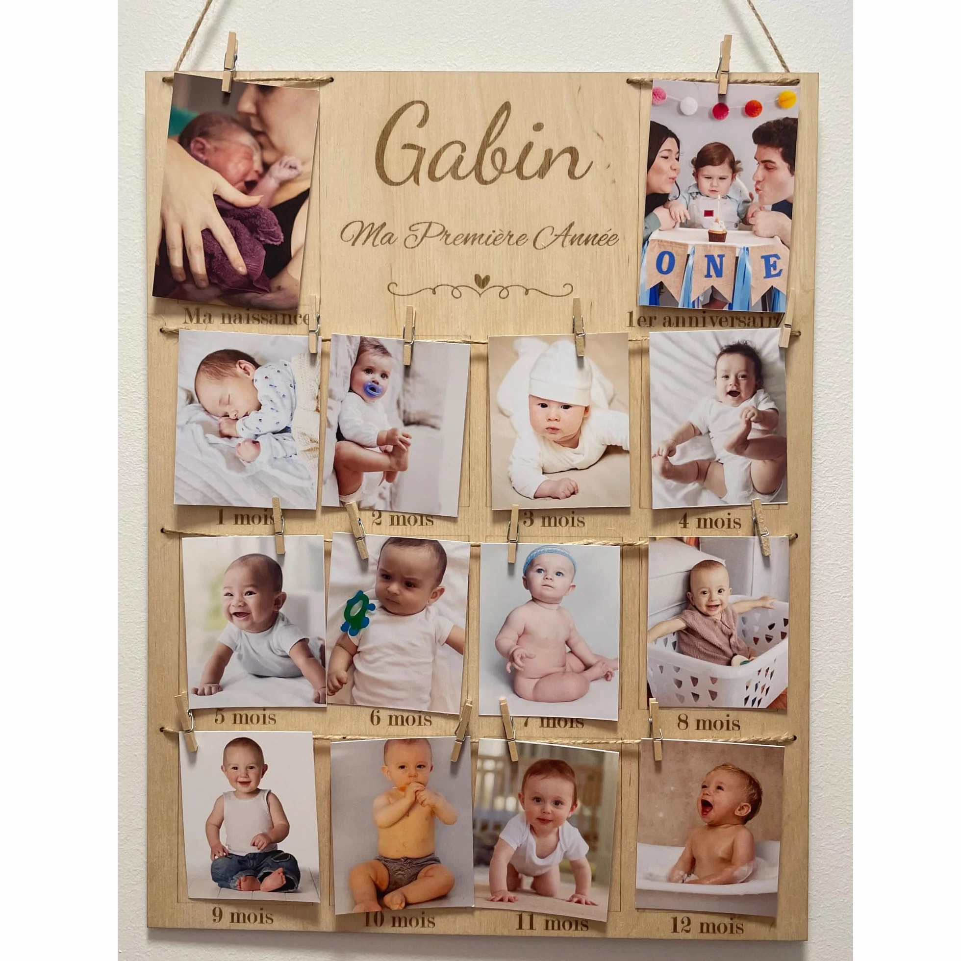 Cadre Photos Pêle-Mêle en Bois Personnalisé - Souvenirs Première Année Bébé - Décoration Chambre Enfant