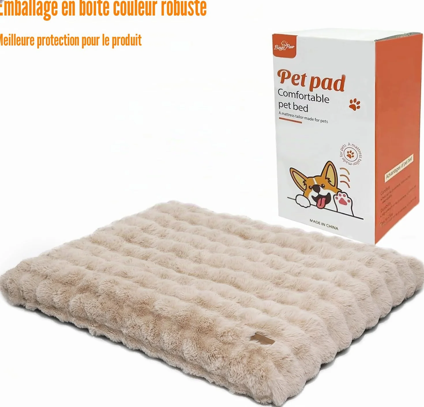 BingoPaw Panier Chien Grande Taille 90x60x10cm Coussin Déhoussable Lavable Machine Imperméable Tissu Peluche Doux Beige