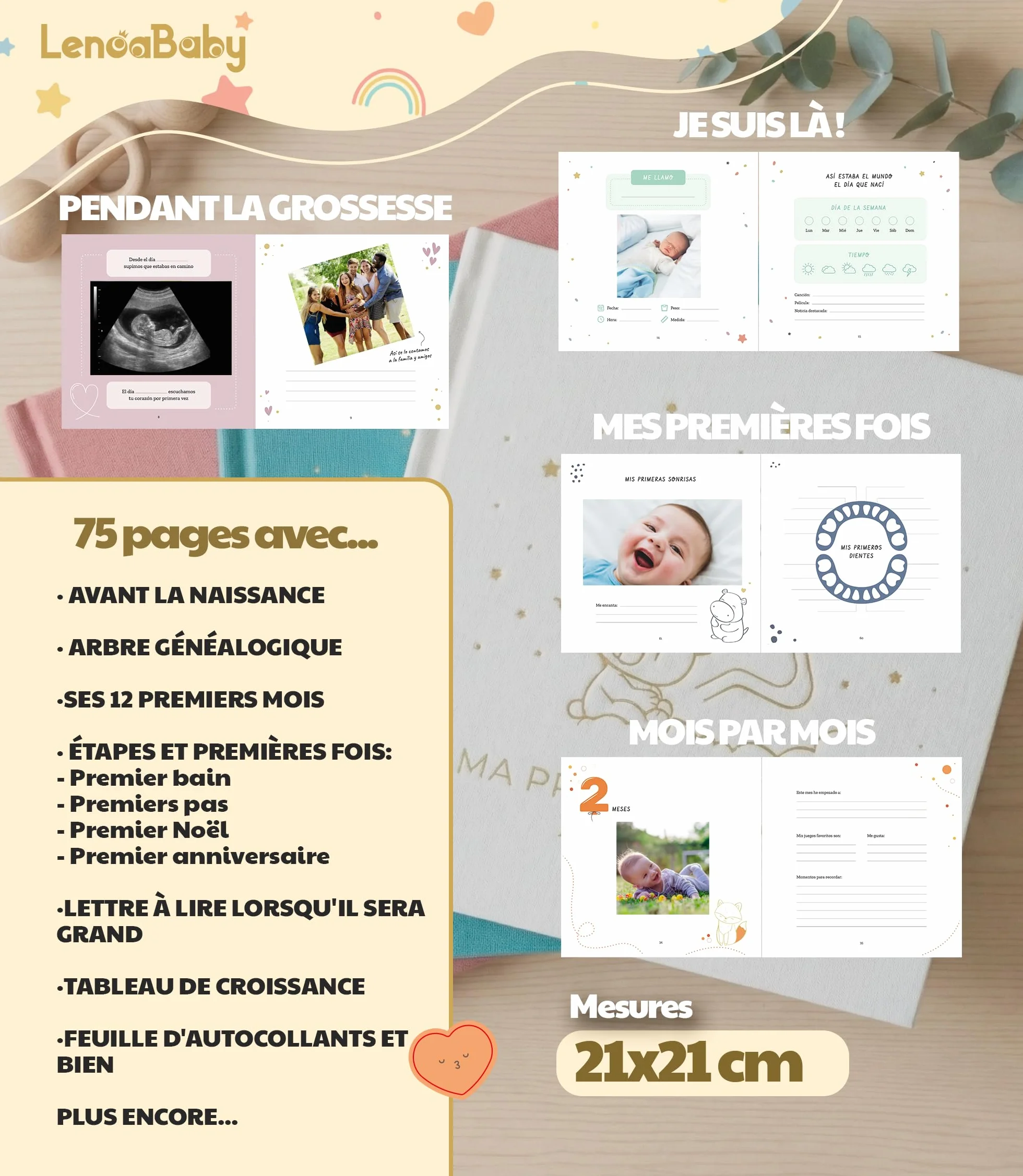 Livre de Naissance Bébé Ma Première Année avec Couverture en Lin 75 Pages Autocollants Album Photo Cadeau