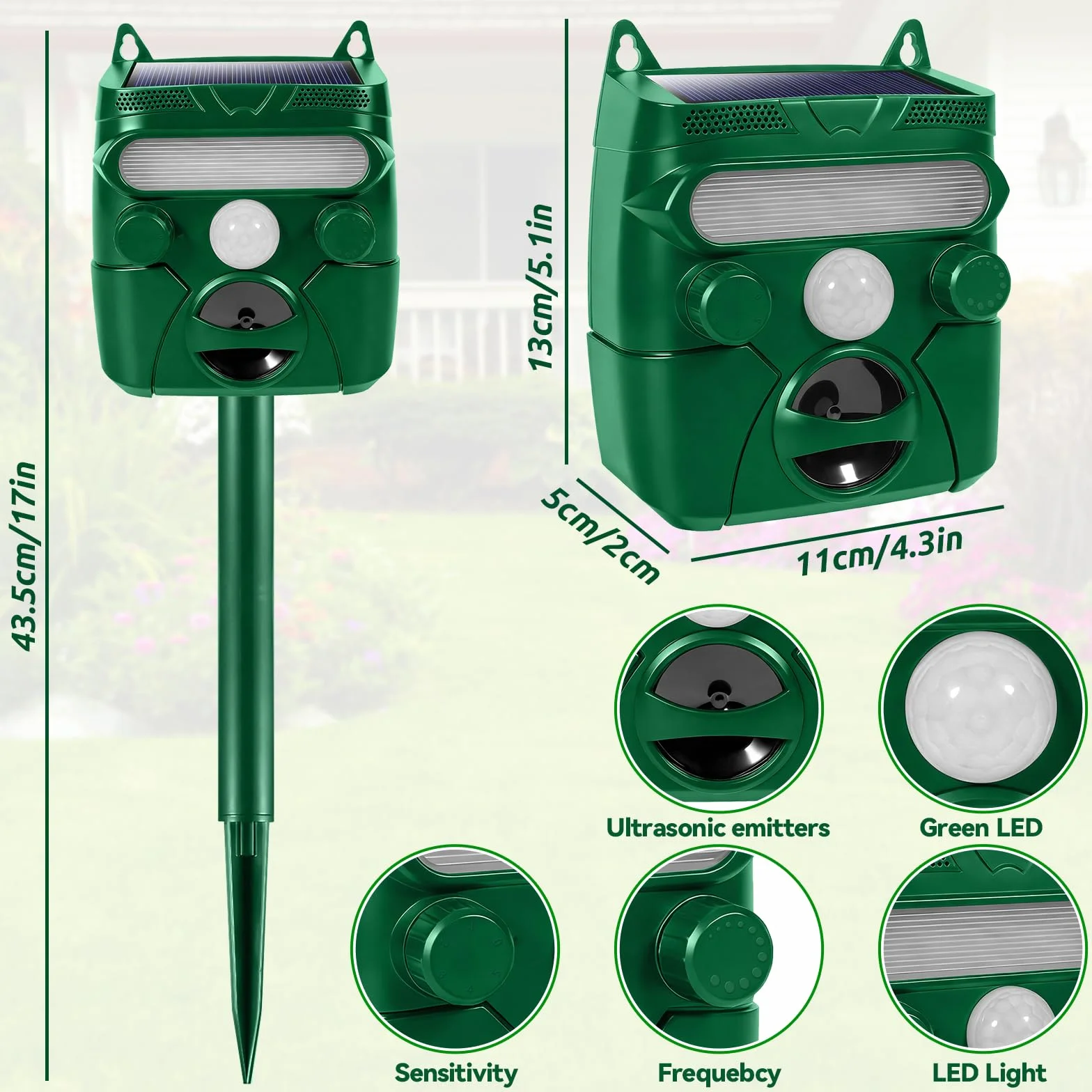 Répulsif pour Animaux à Ultrasons Solaire Extérieur avec Capteur, Charge USB pour Chat Chien Jardin