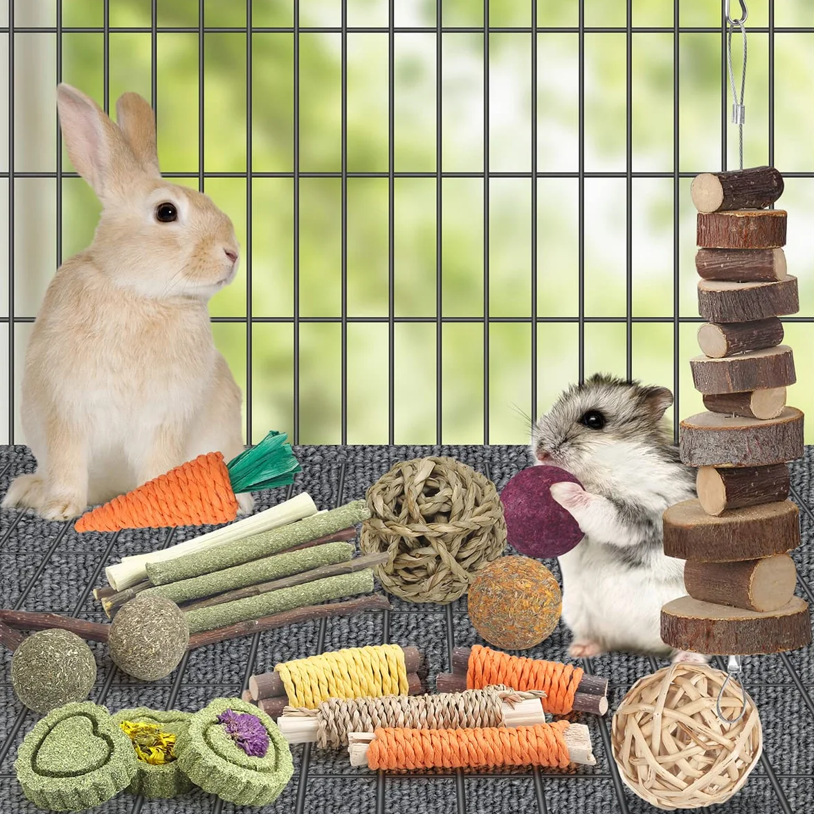 Jouets de Lapin 18 pièces Bâtons de Foin de Timothée Naturels Bâtons de Bois de Pommier