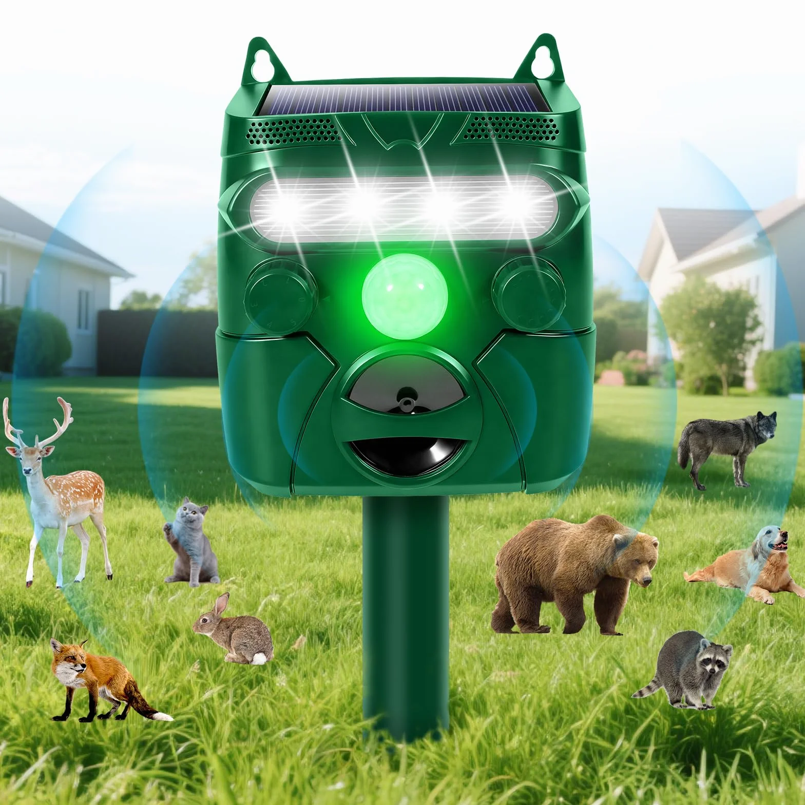 Répulsif pour Animaux à Ultrasons Solaire Extérieur avec Capteur, Charge USB pour Chat Chien Jardin