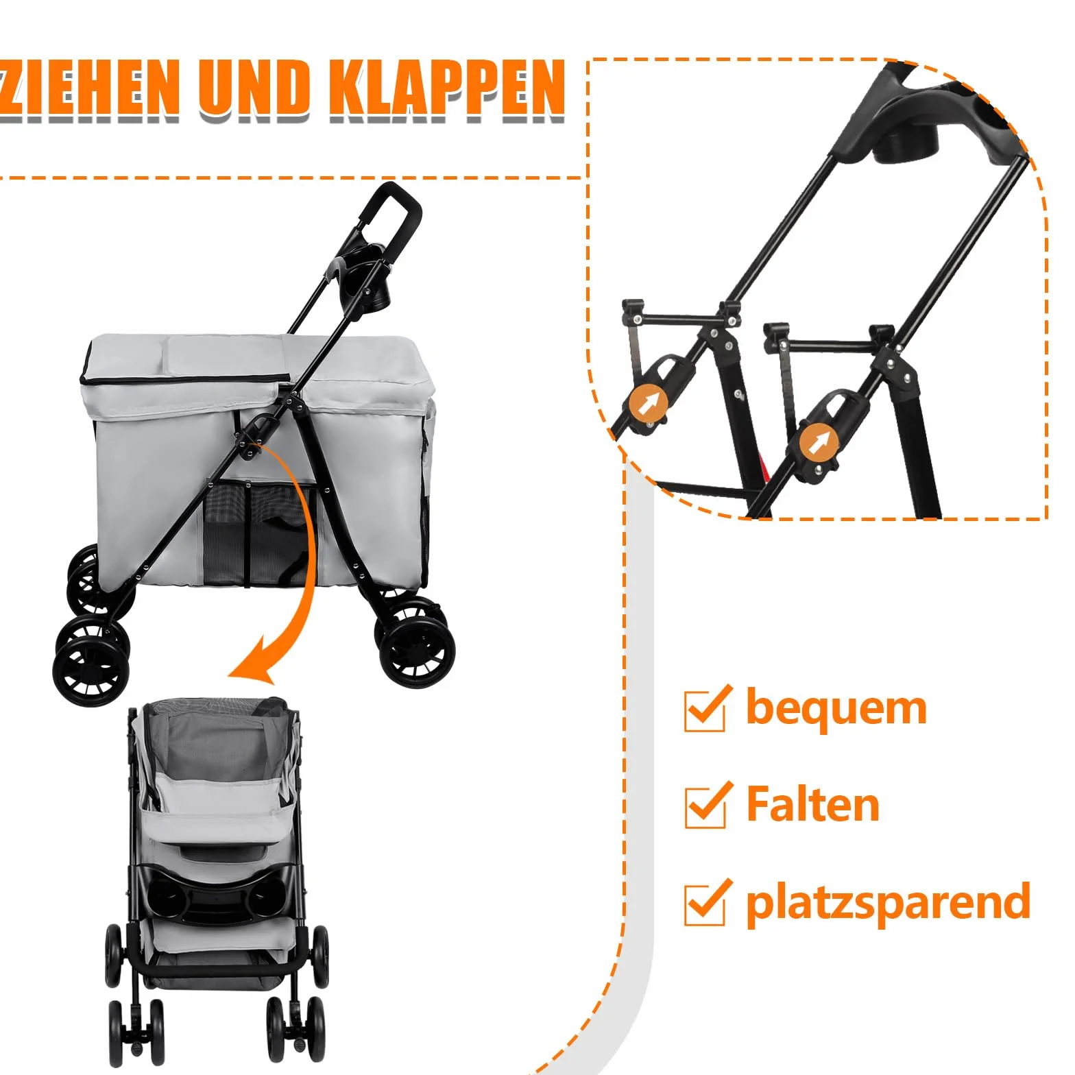 OHMG Poussette pliable animaux chien chat 2 en 1,chariot pour chien,nacelle amovible bandoulières 4 roues avec frein tissu 600D Oxford,Charge 20 kg