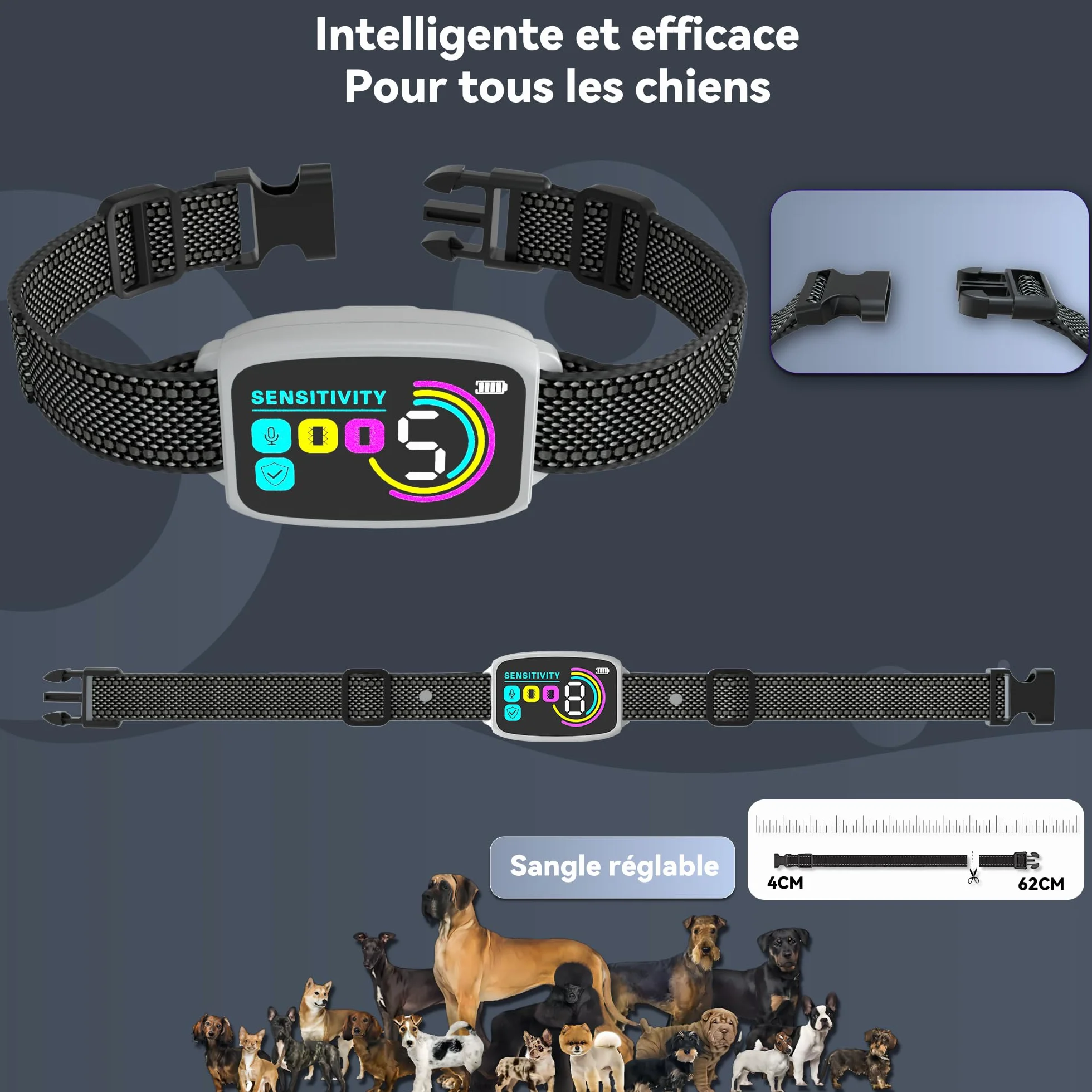 Meloive Collier Anti Aboiement Chien Conformes à La Nouvelle Loi 2025 Détection Intelligente 4 Modes Rechargeable Blanc