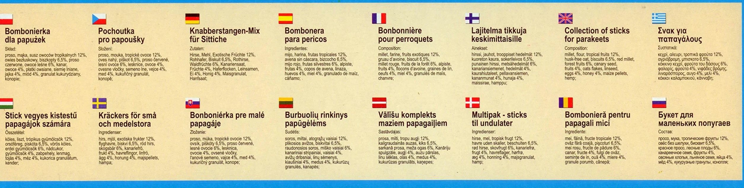 Bombonierka pour perruches 12 bâtonnets biscuits oeufs miel fruits tropical