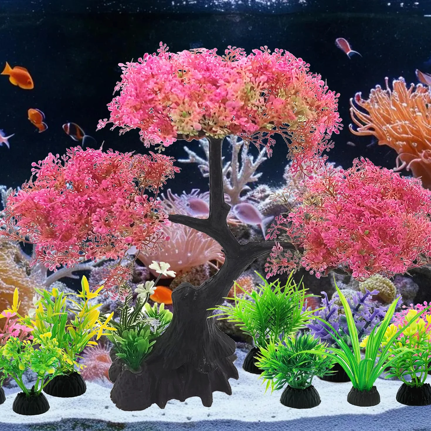 SLOCME Ensemble de décoration pour aquarium cerisier rose 10 pièces plantes artificielles plastique