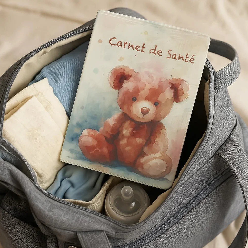 Protège Carnet de Santé Enfant en Gomme Expansée Souple Résistant Imperméable Étui Bébé Fille Garçon Modèle Ourson Fabriqué en France