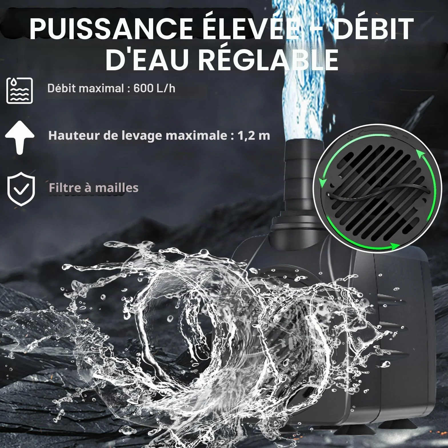 Pompe à Eau Submersible 10W 600L/H Aquarium Câble 3m Ultra Silencieuse Noir