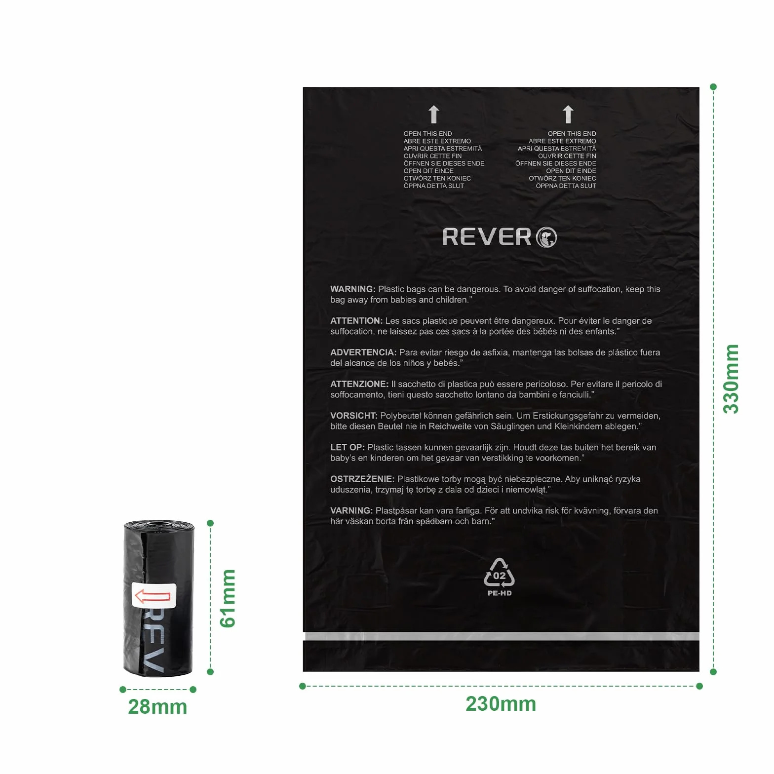 REVER GH50 Sac a Crottes Chien Extra Épais 33x23cm 300 Pièces 20 Rouleaux Noir