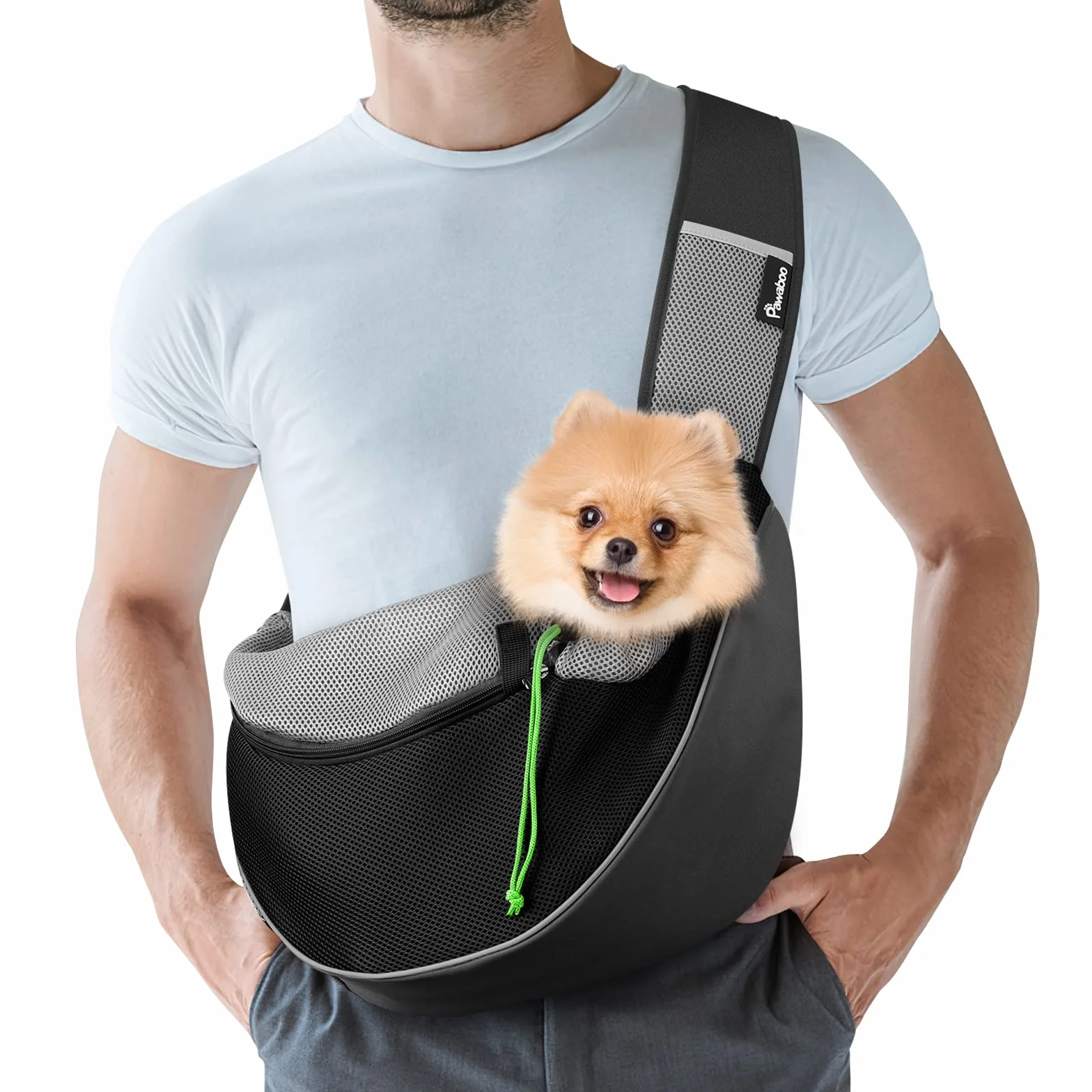 Pawaboo Sac de Transport pour Animal de Compagnie, Sac à Bandoulière Mains Libres avec Boucle en D, Sac à Dos en Maille Respirant pour Chiens, L - Noir