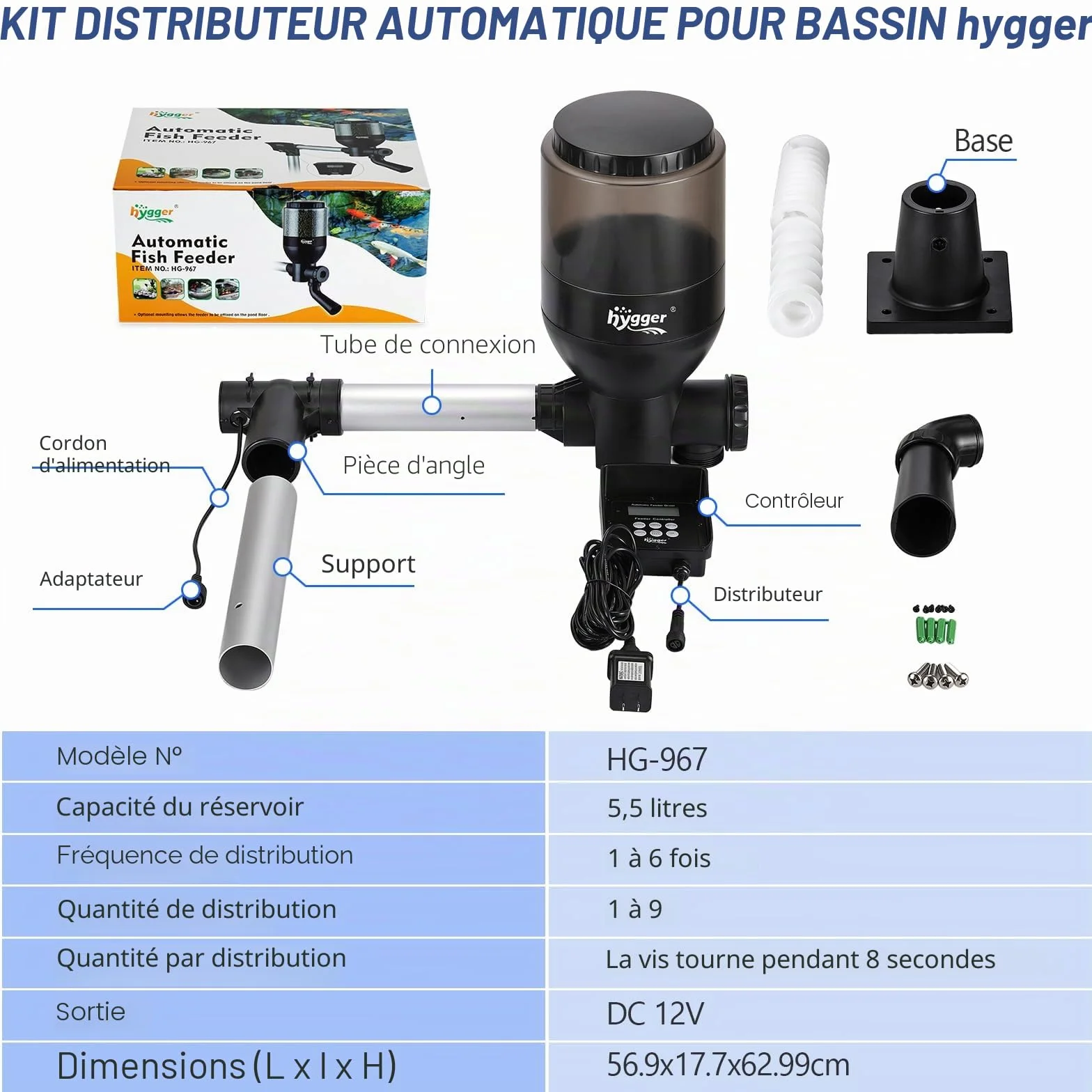 hygger Distributeur Automatique pour étang,Large Programmable Mangeoire Automatique pour Poisson avec LCD Display Controller, 5.5 Liters Pond Fish Feeder Koi Feeder for Weekend Holiday