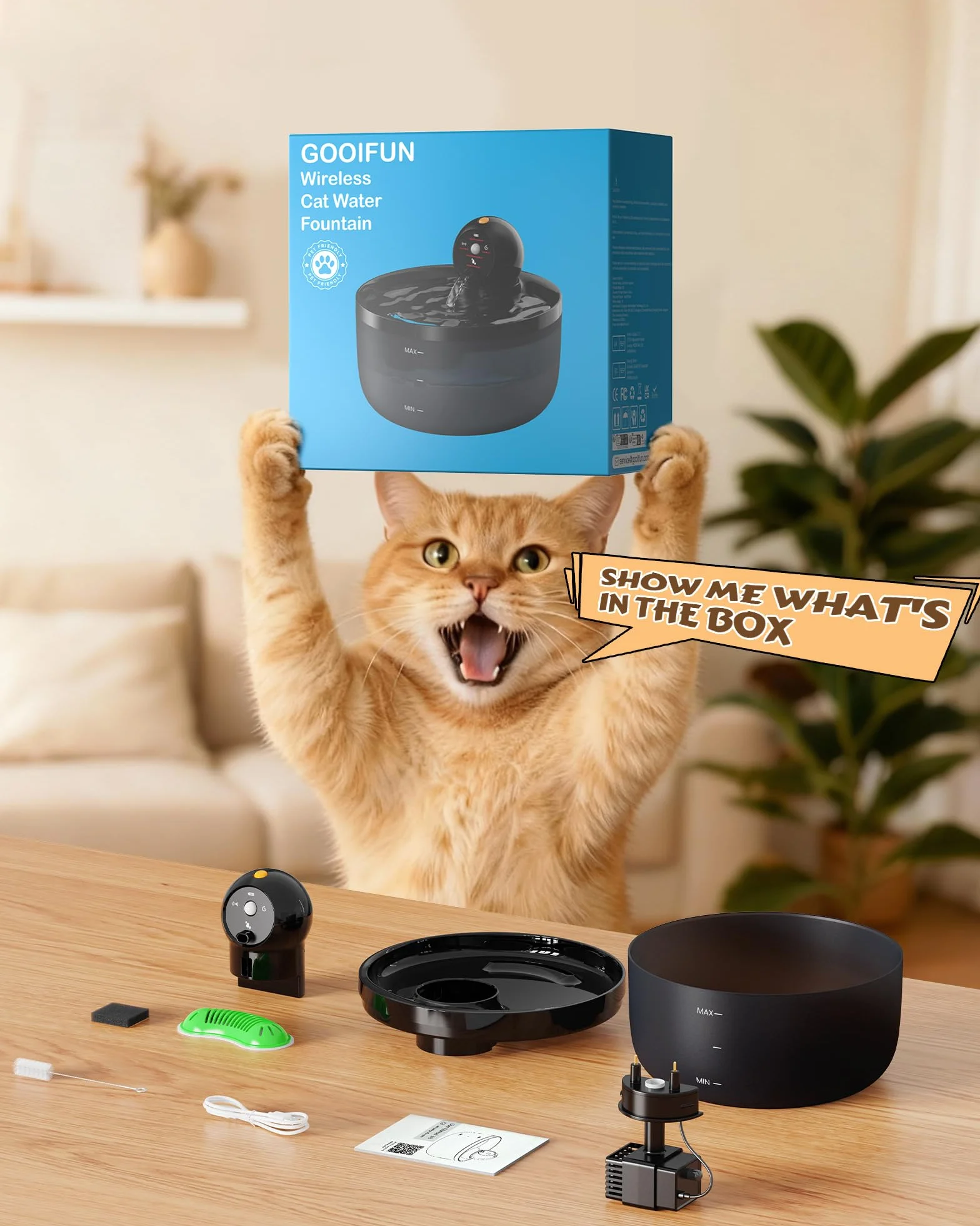 Fontaine à Eau pour Chat sans Fil 2,6L avec Détecteur de Mouvement et Batterie Rechargeable Silencieux