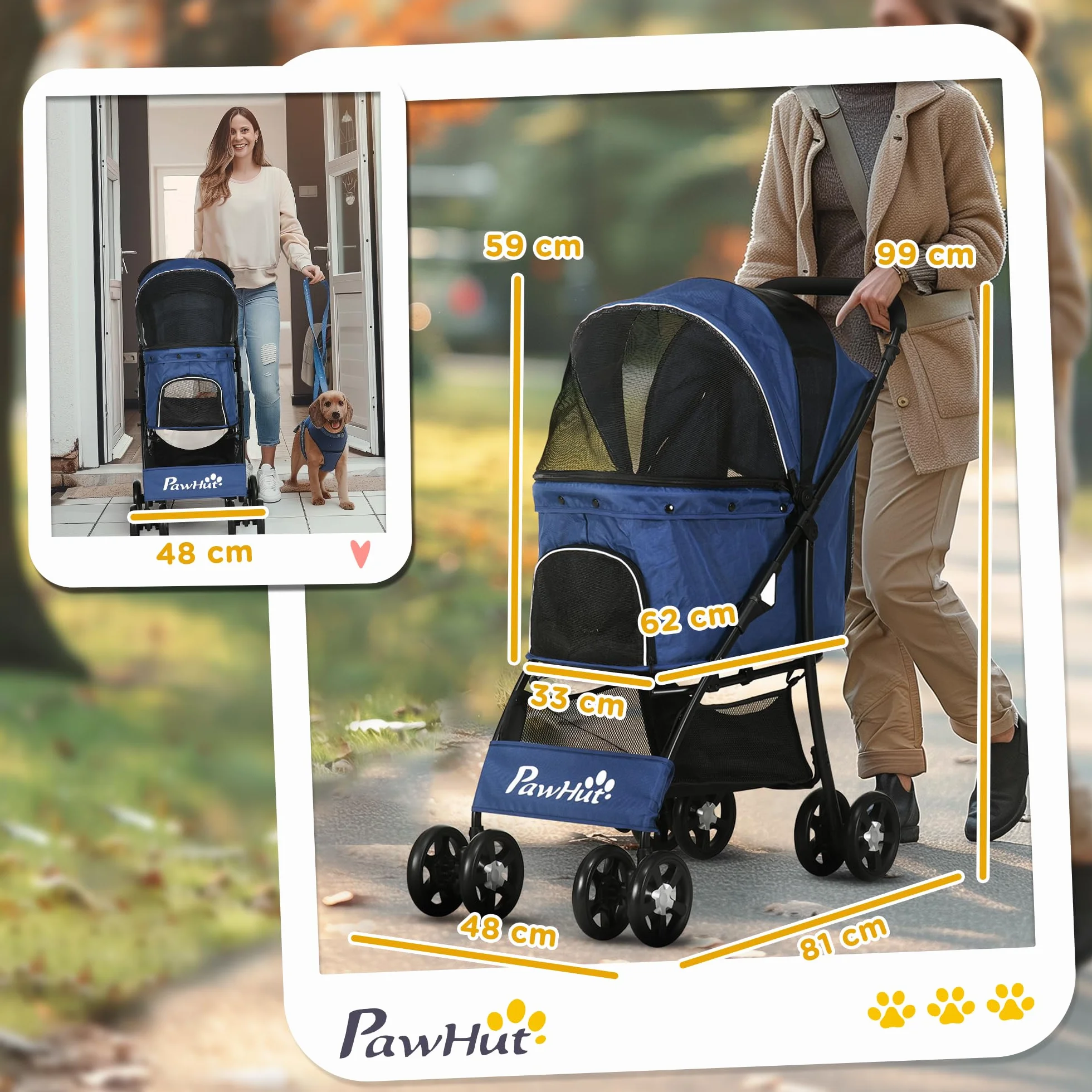 PawHut Poussette Buggy Pliable pour Chien et Chat, Tissu 600D Oxford, 4 Roues, Bleu