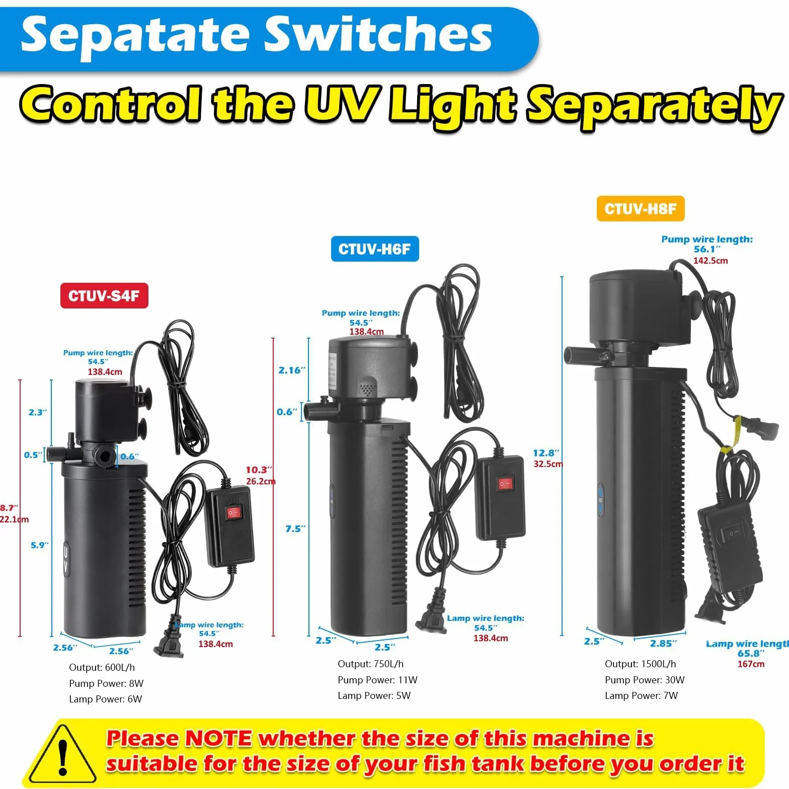 Filtre aquarium avec lampe UV Pompe submersible 4 en 1 600 L/h 40-170 litres