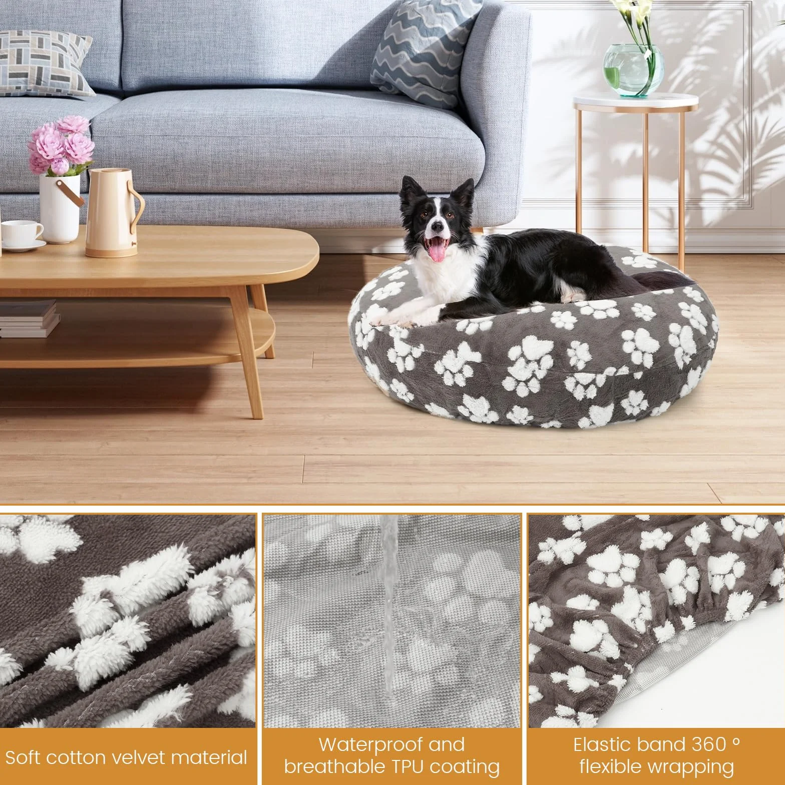 Housse de lit ronde pour chien molleton coton imperméable double face gris foncé 91 cm